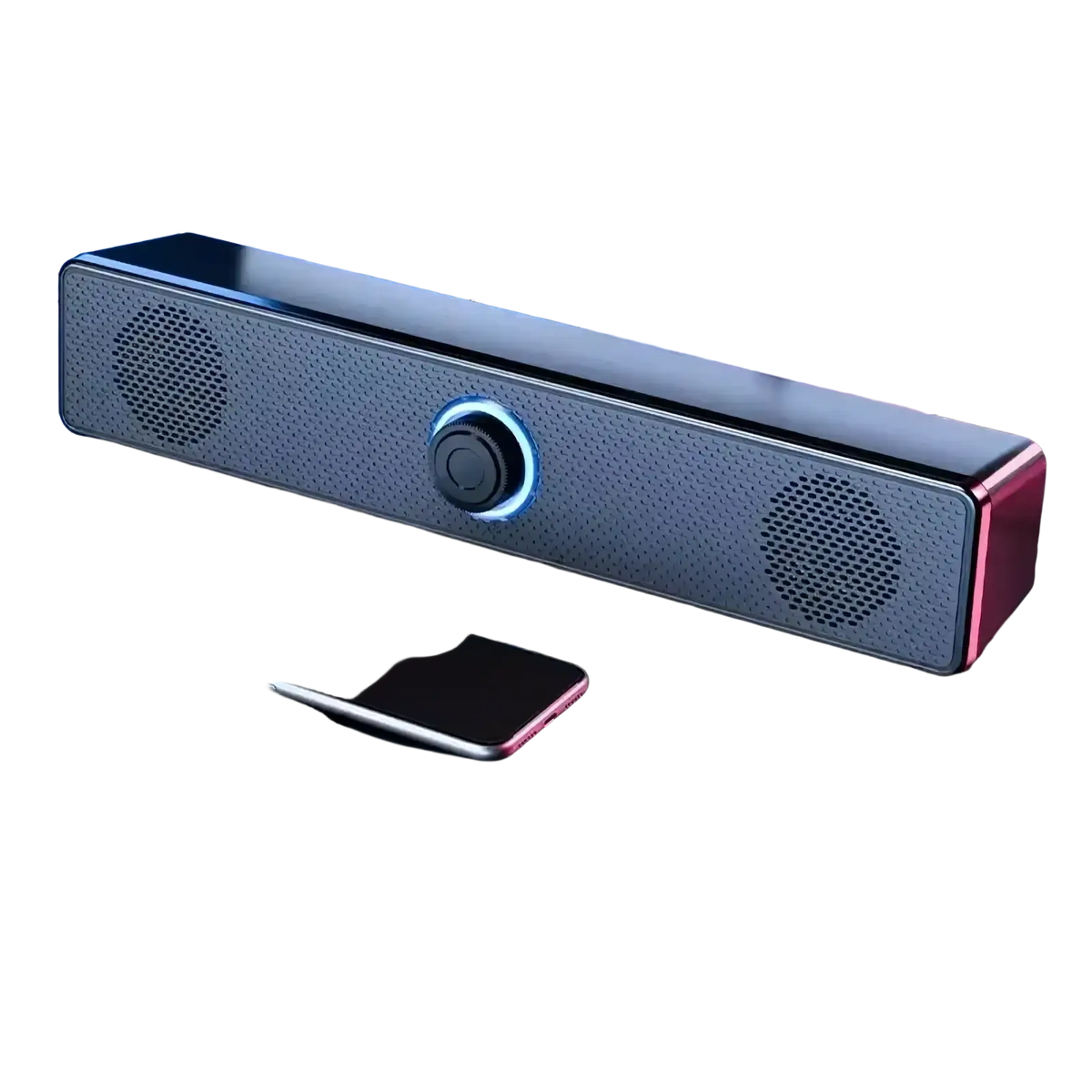 Black and silver pc soundbar bluetooth wireless usb desktop speaker with central control knob illuminated by blue light