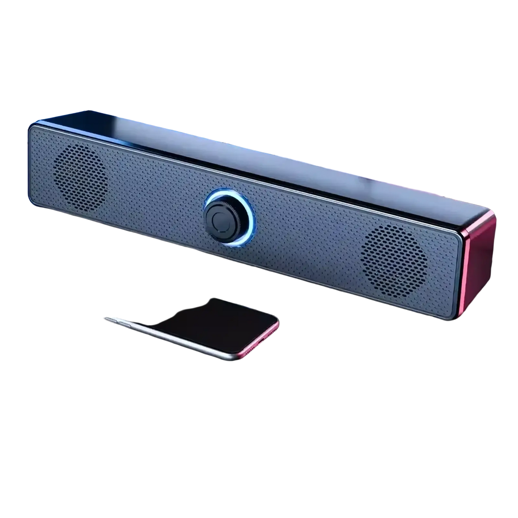 Pc soundbar bluetooth wireless usb desktop speaker in black and silver with blue-lit control knob and perforated grilles