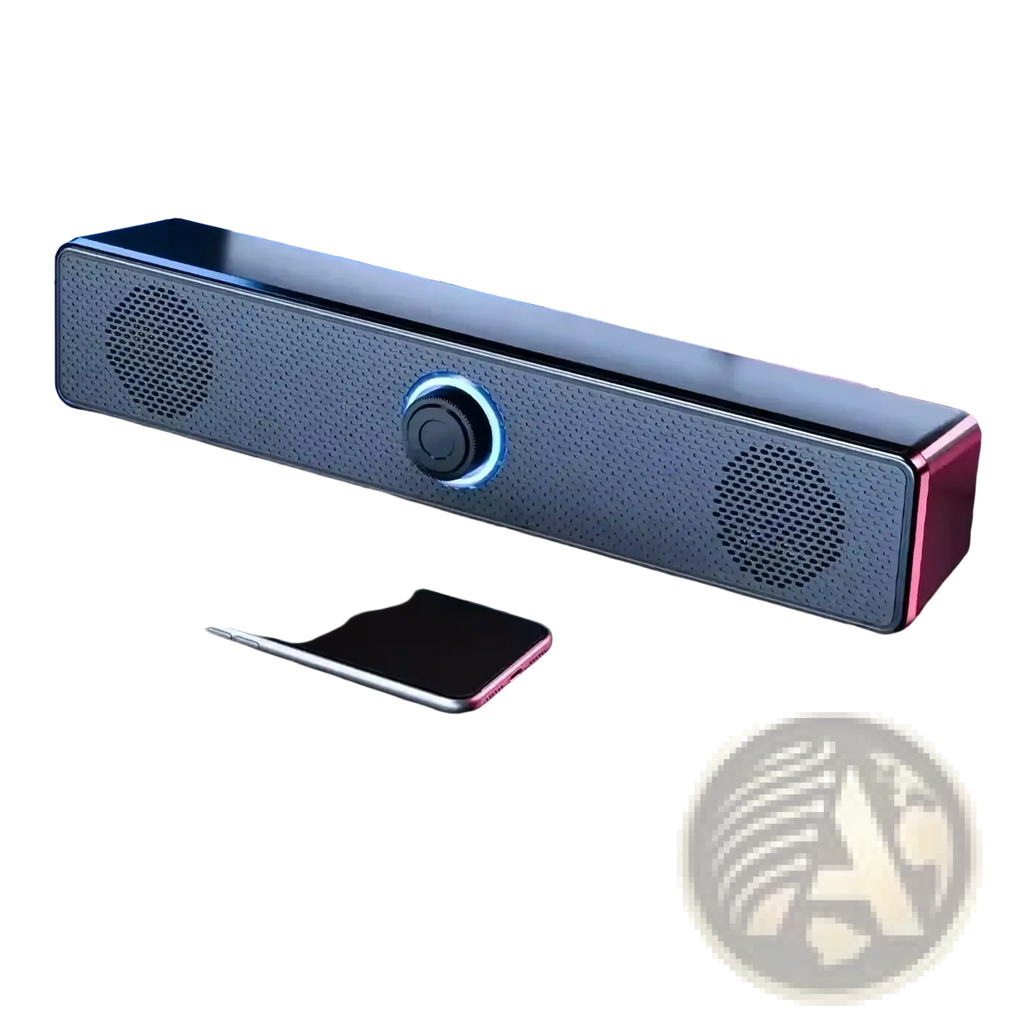 Pc soundbar bluetooth wireless usb desktop speaker in black and silver with blue-lit control knob and perforated grilles