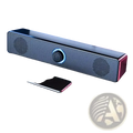 Pc soundbar bluetooth wireless usb desktop speaker in black and silver with blue-lit control knob and perforated grilles