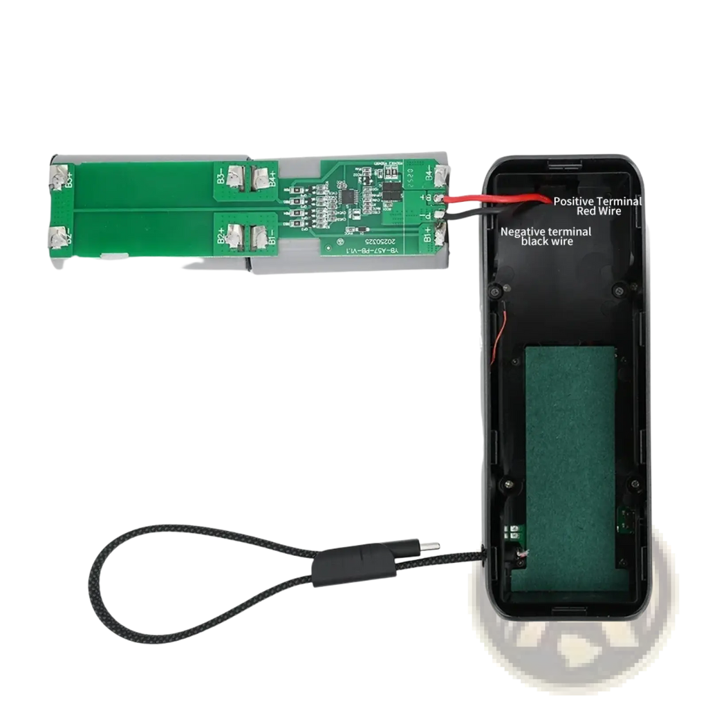 Black plastic battery protection board with green circuitry and labeled terminals for fast charging power bank diy kit
