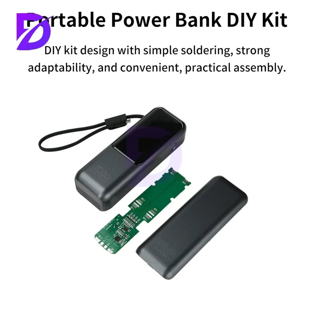 Black pd 100w fast charging power bank diy kit with sleek rectangular design and integrated wrist strap