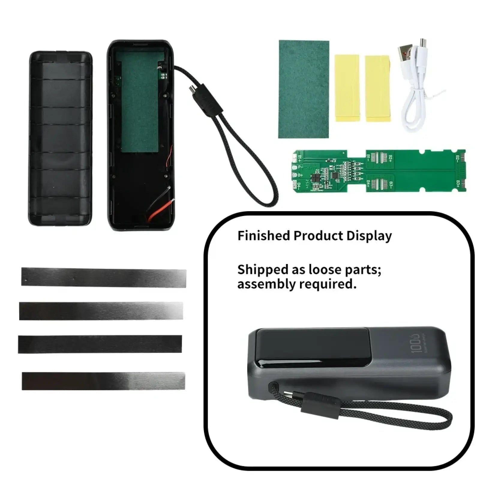 Black rectangular pd 100w fast charging power bank diy kit with a matte finish and wrist strap for portable use