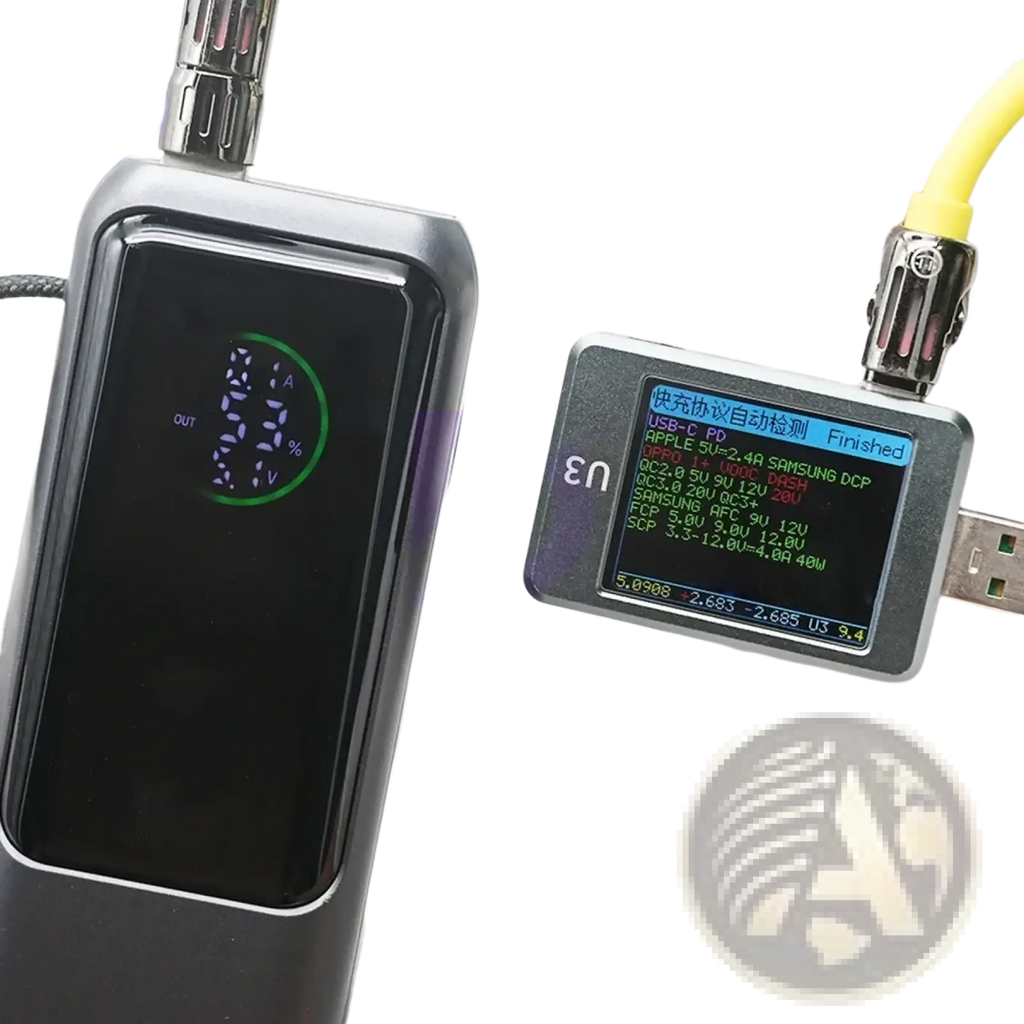 Black rectangular pd 100w fast charging power bank diy kit with digital display and yellow usb cable connected