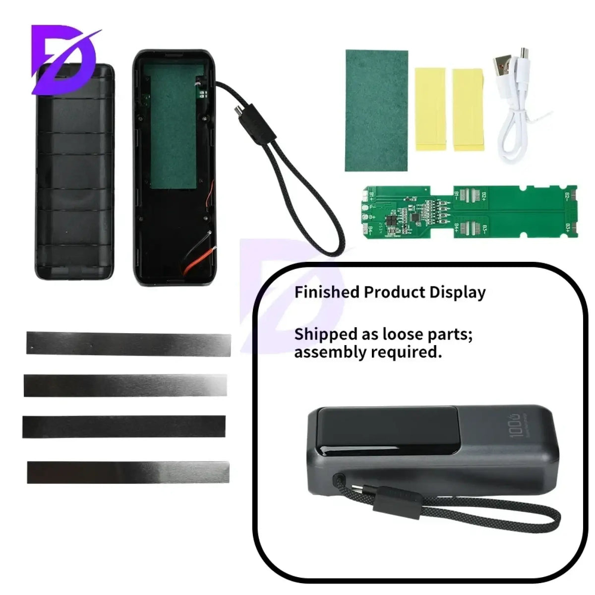 Black rectangular pd 100w fast charging power bank diy kit with matte finish and wrist strap for portable use
