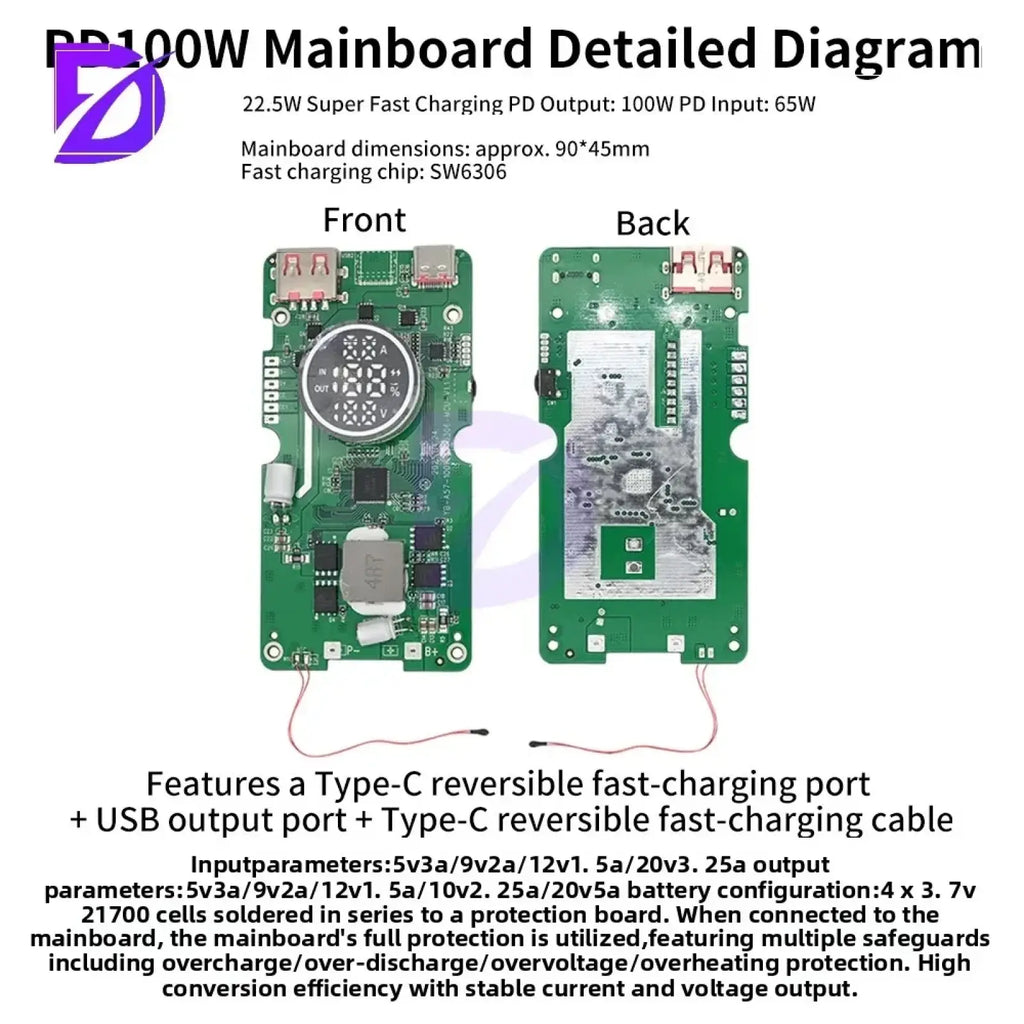 Green circuit board mainboard with central circular component and electronic parts pd 100w fast charging power bank diy kit detailed diagram