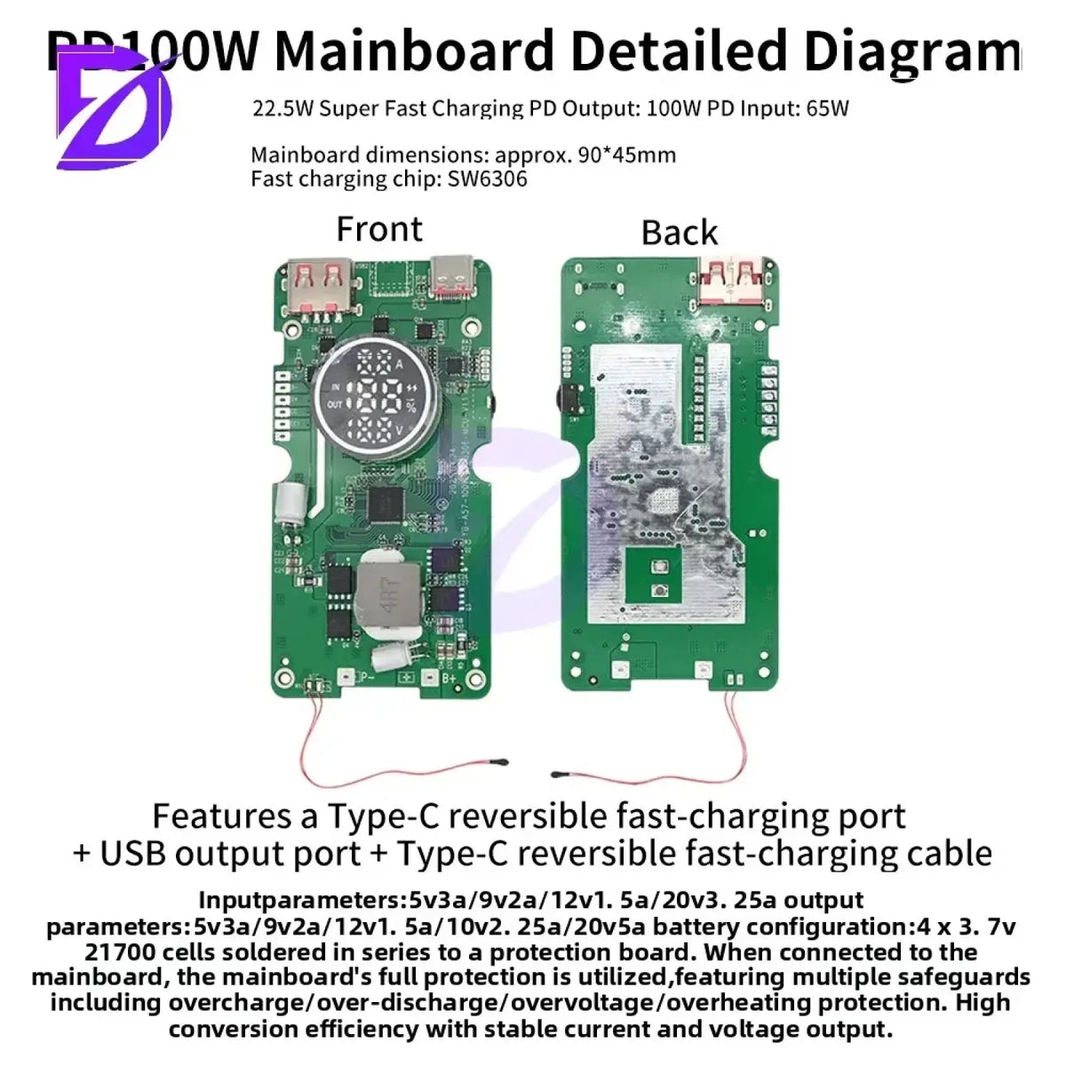 Green circuit board mainboard with central circular component and electronic parts pd 100w fast charging power bank diy kit detailed diagram