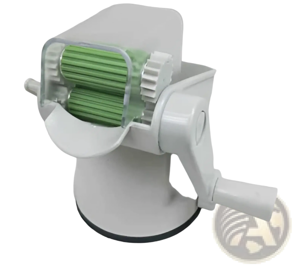 White plastic pea peeler manual hand crank vegetable sheller tool with green rolling blades and clear protective cover