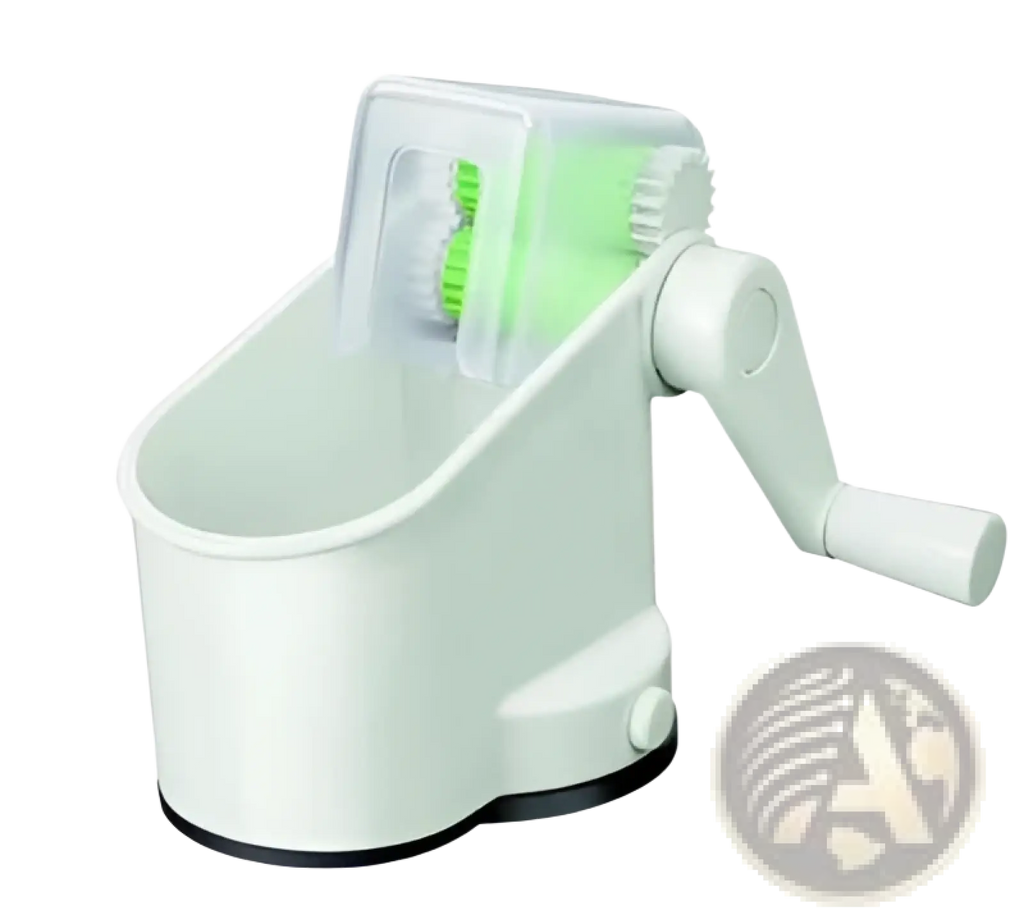 White plastic pea peeler manual hand crank vegetable sheller tool with green internal gears and handle visible from the side