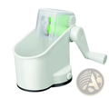 White plastic pea peeler manual hand crank vegetable sheller tool with green internal gears and handle visible from the side