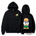 Black hoodie featuring a cartoon child wearing a keffiyeh on the back and a small dove with palestinian flag colors on the chest