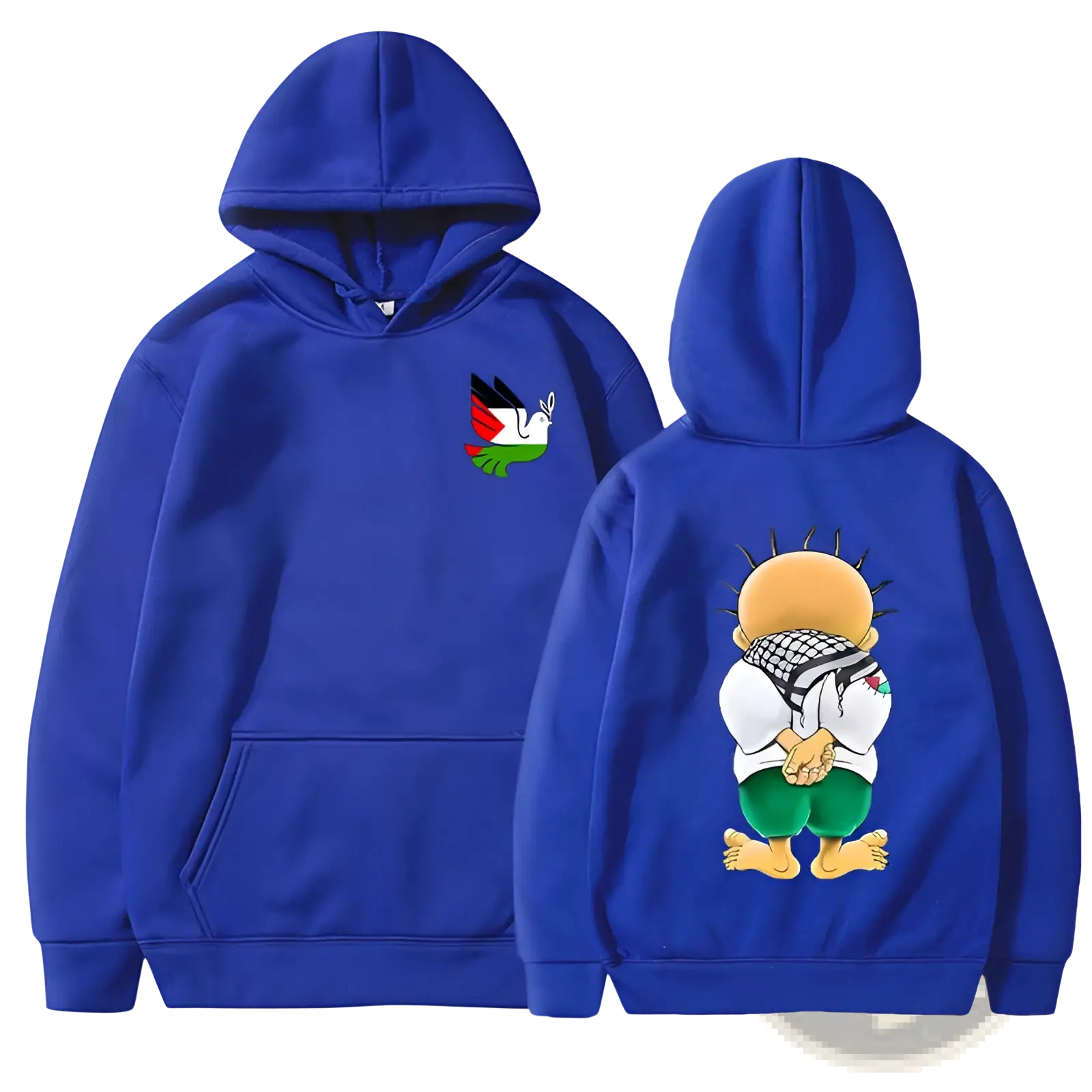 Royal blue hooded sweatshirt showing back with cartoon character and small palestinian flag on left chest peace dove palestinian keffiyeh graphic streetwear hoodie