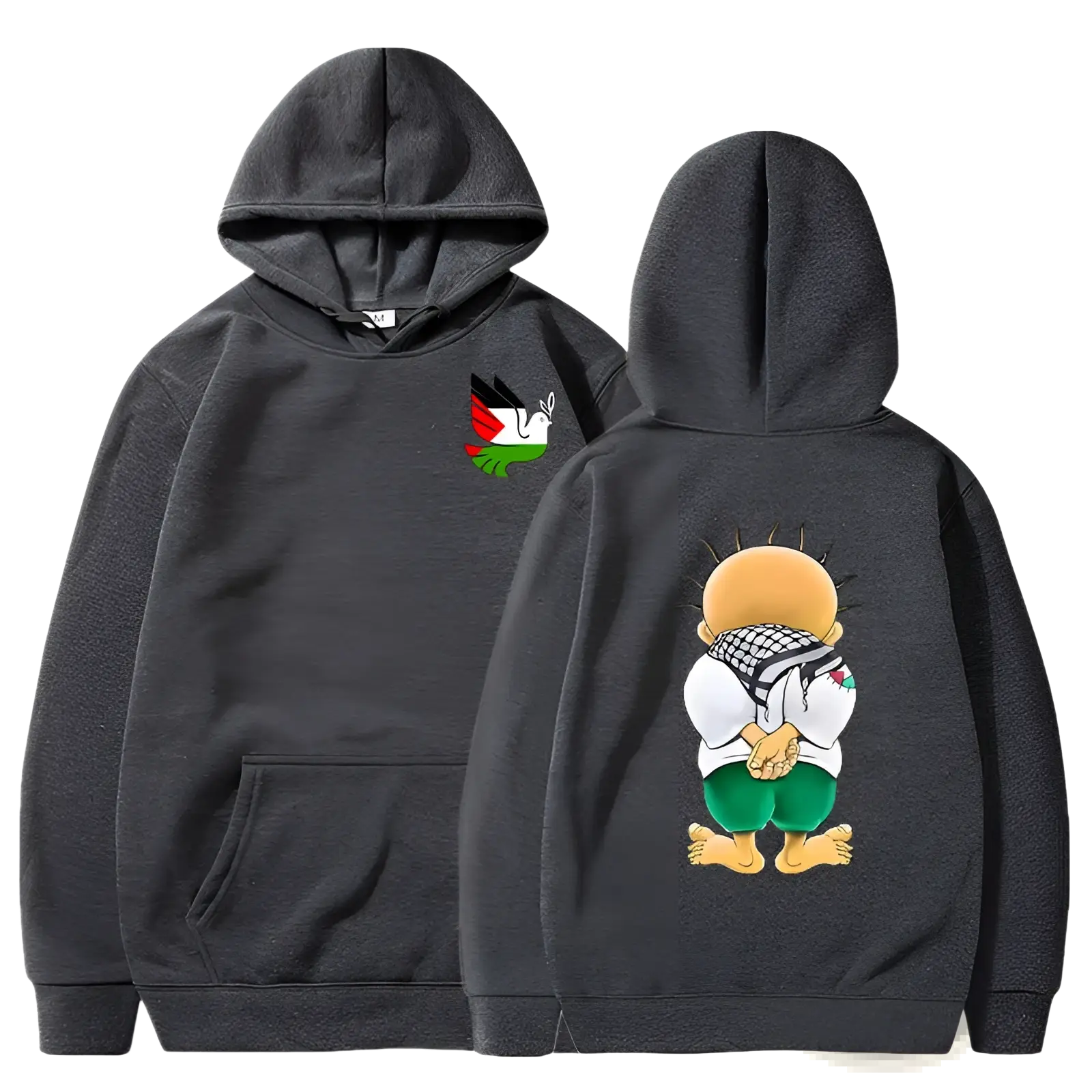 Dark gray hooded sweatshirt with cartoon character on back and small dove with palestinian flag on chest