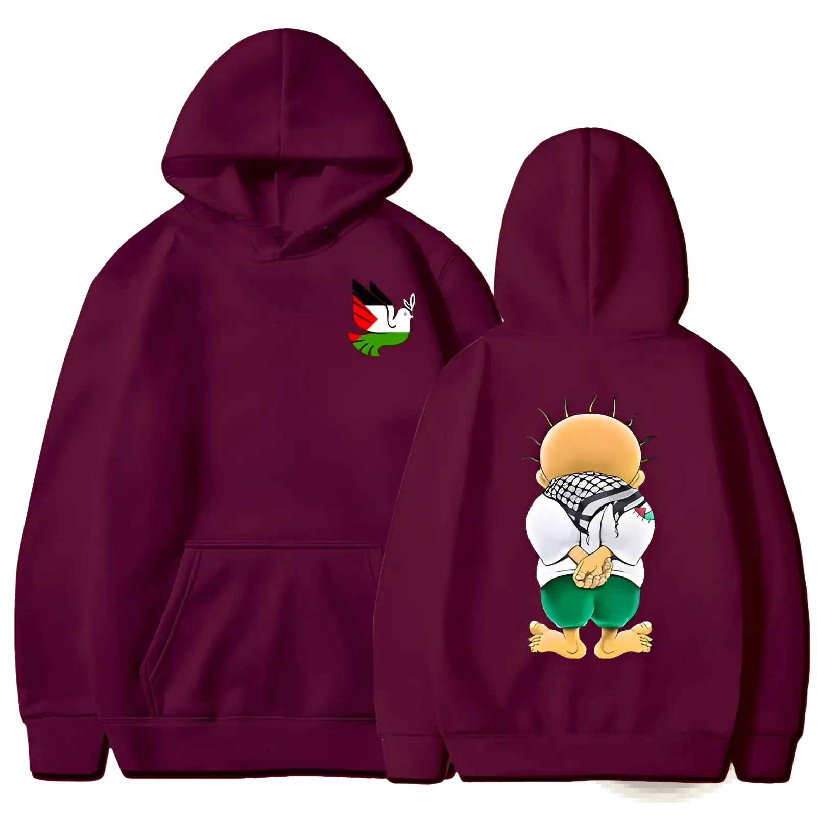 Maroon peace dove Palestinian keffiyeh graphic streetwear hoodie with dove and Palestinian flag on front and keffiyeh character on back
