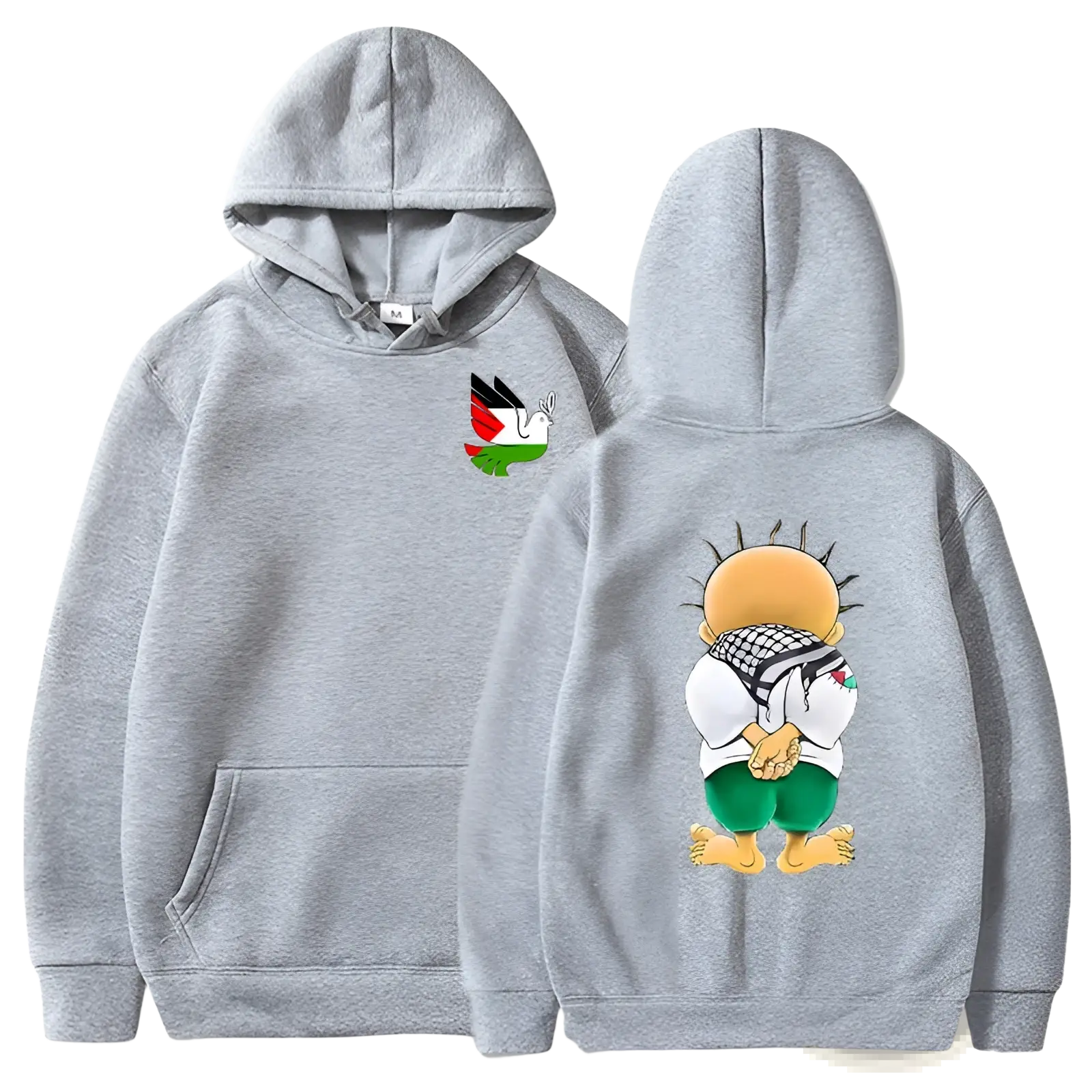 Gray hooded sweatshirt with palestinian flag bird on chest and keffiyeh character graphic on back side