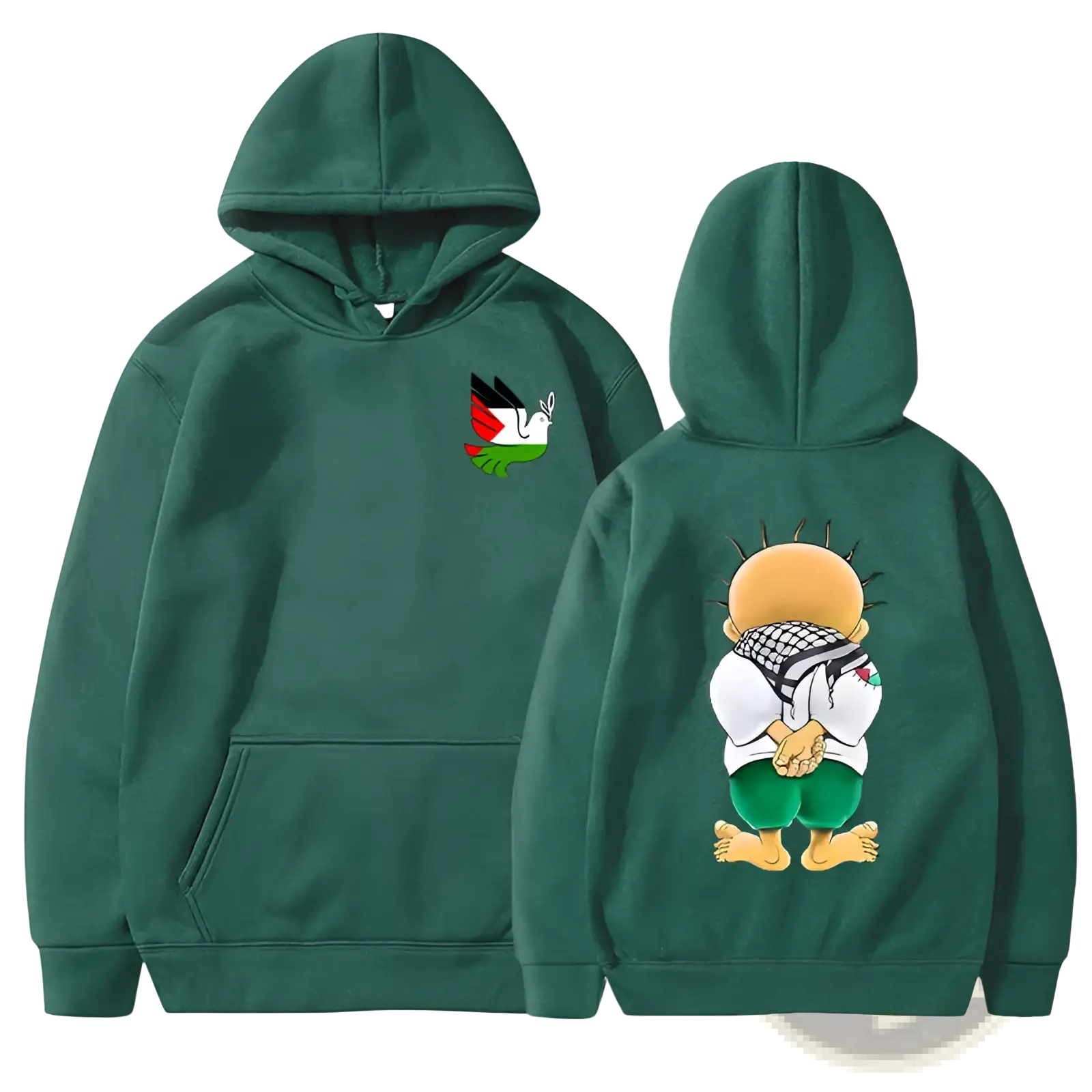 Dark green hooded sweatshirt with cartoon bird in palestinian flag colors on chest and keffiyeh character on back view
