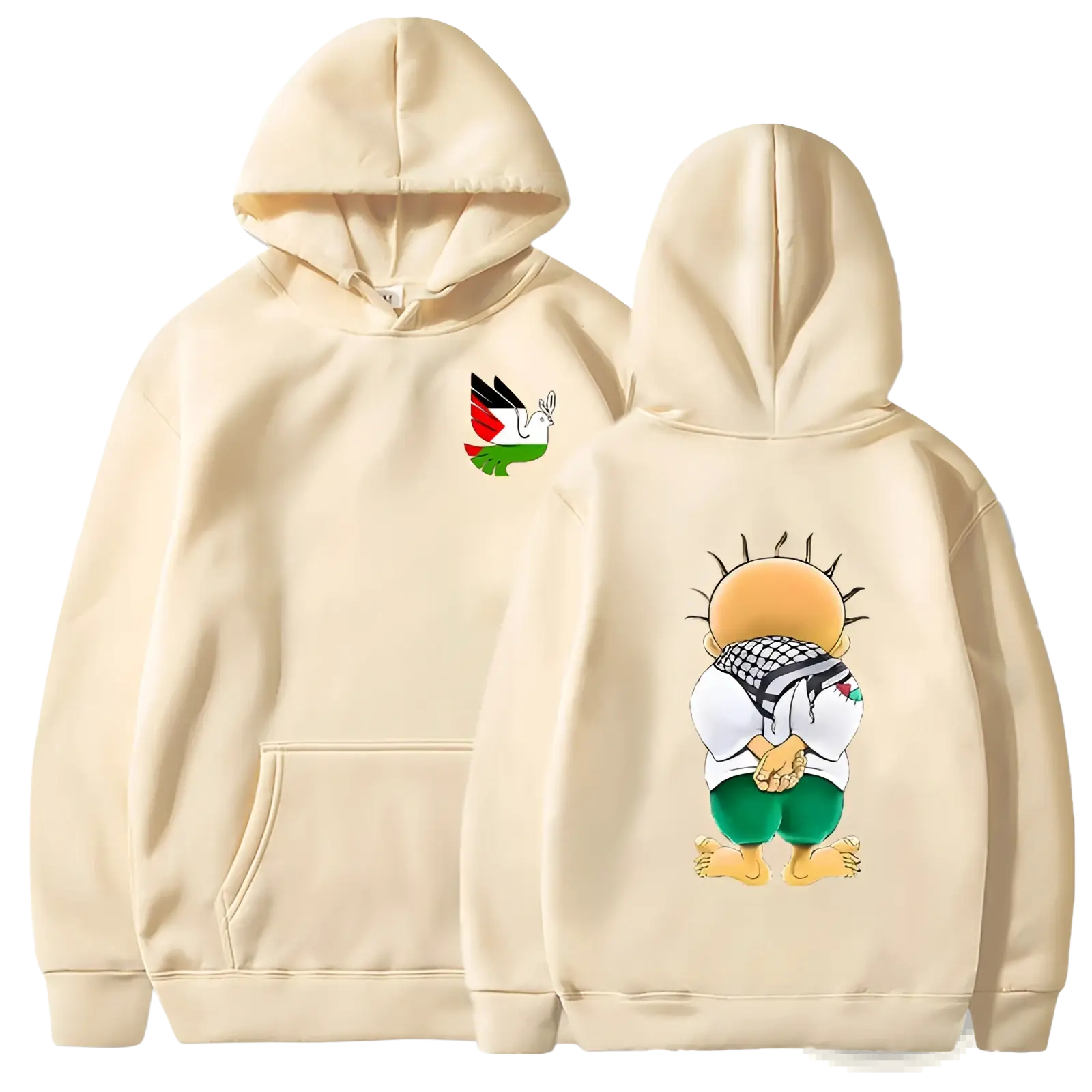 Cream-colored peace dove palestinian keffiyeh graphic streetwear hoodie showing back with child wearing keffiyeh design