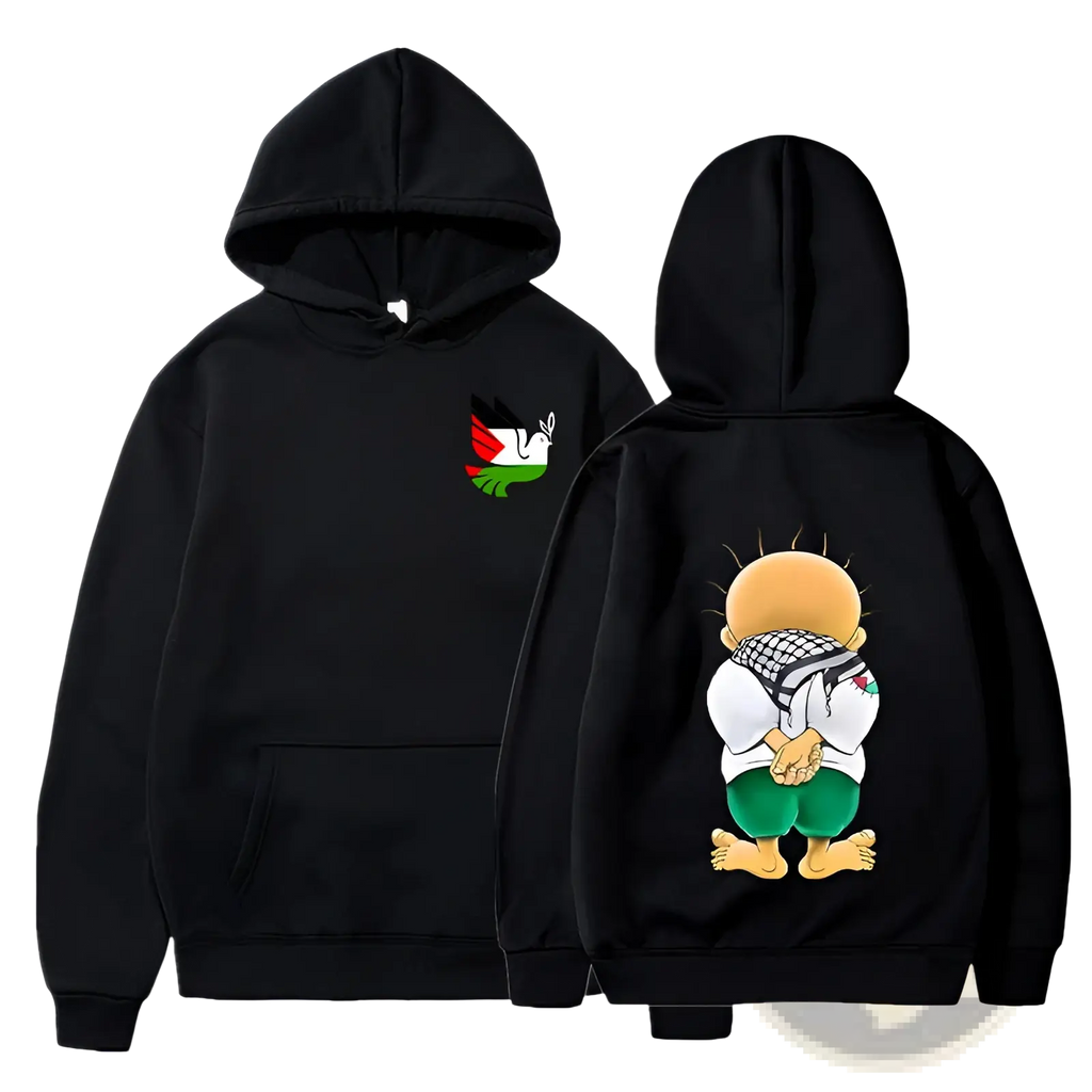 Black hoodie with a cartoon child wearing a keffiyeh on the back and a small palestinian flag colored dove on the chest