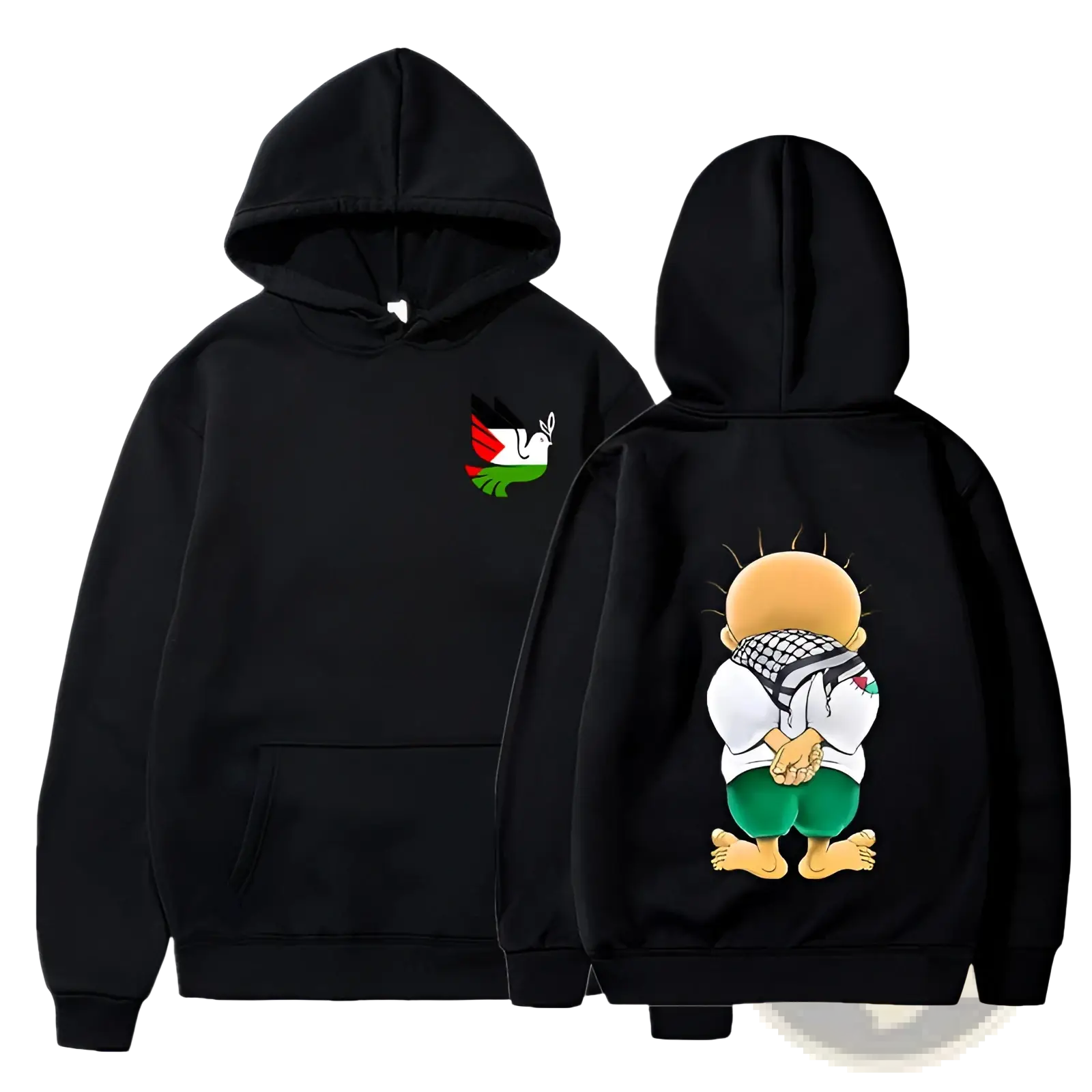 Black hoodie with a cartoon child wearing a keffiyeh on the back and a small palestinian flag colored dove on the chest