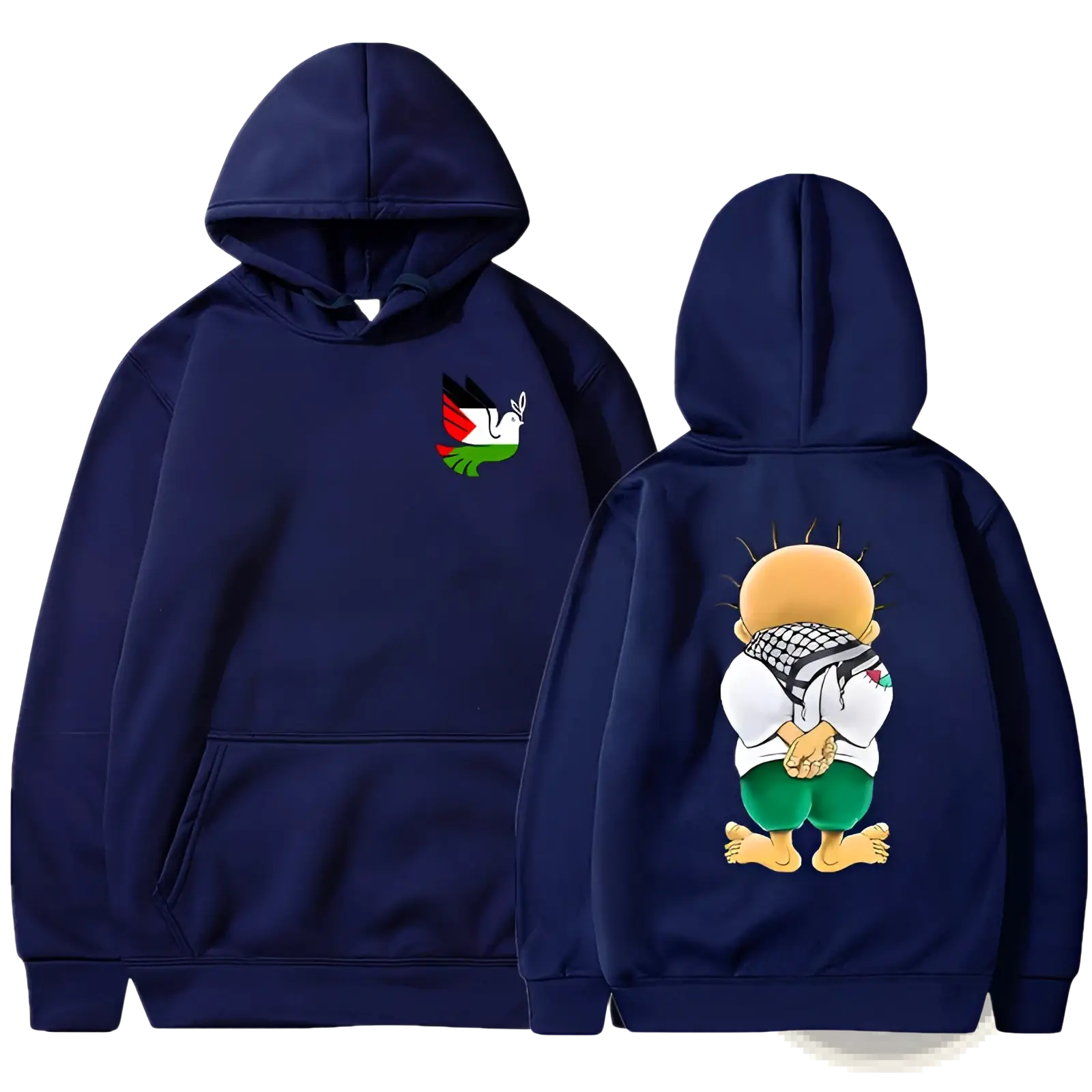 Navy blue hooded sweatshirt with embroidered dove on chest and cartoon character graphic on back for streetwear style
