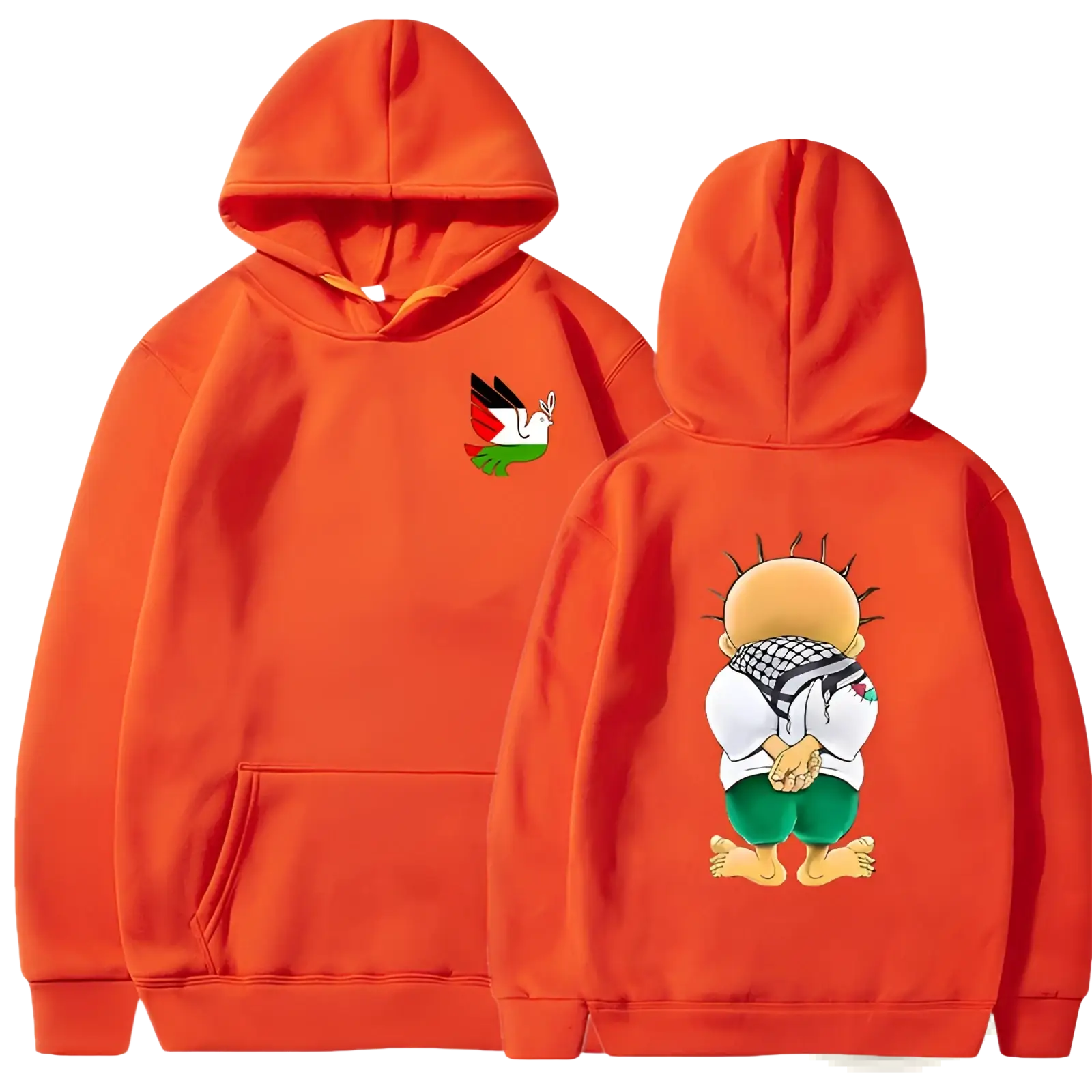 Vibrant orange hooded sweatshirt with cartoon dove in palestinian flag colors on chest and keffiyeh character on back view