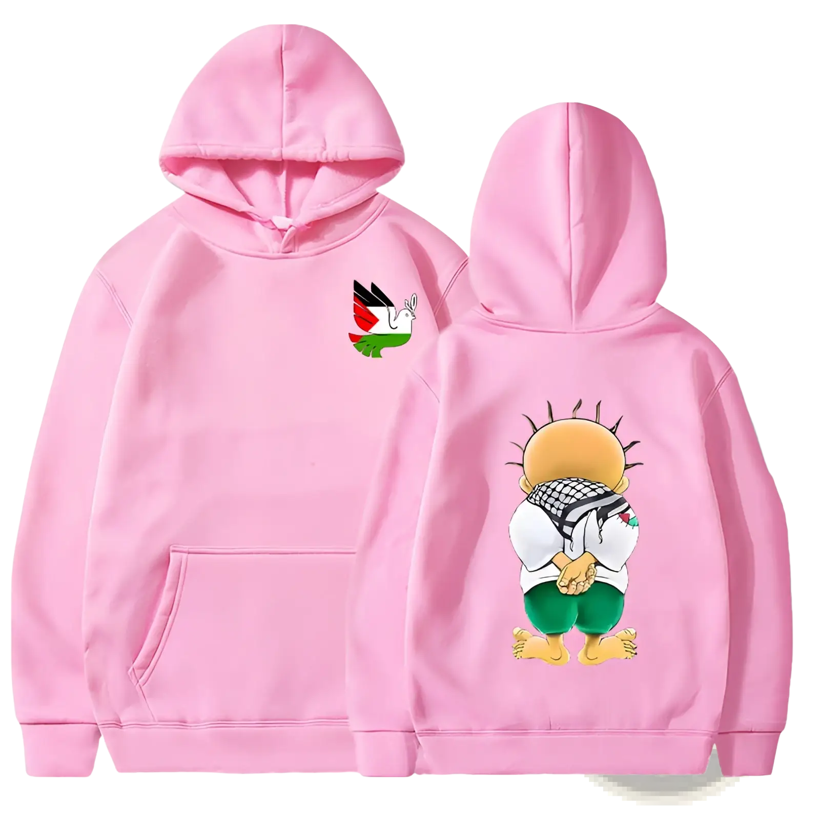 Back view of a pink cotton hoodie featuring a cartoon character and peace dove emblem in streetwear style