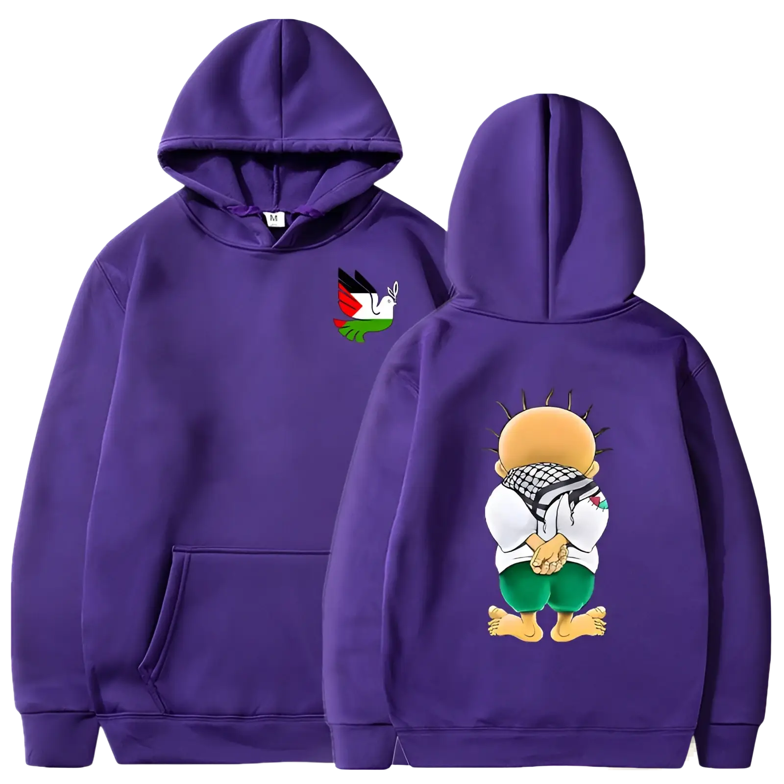 Purple hooded sweatshirt with cartoon character on back and small embroidered peace dove with palestinian flag colors on chest