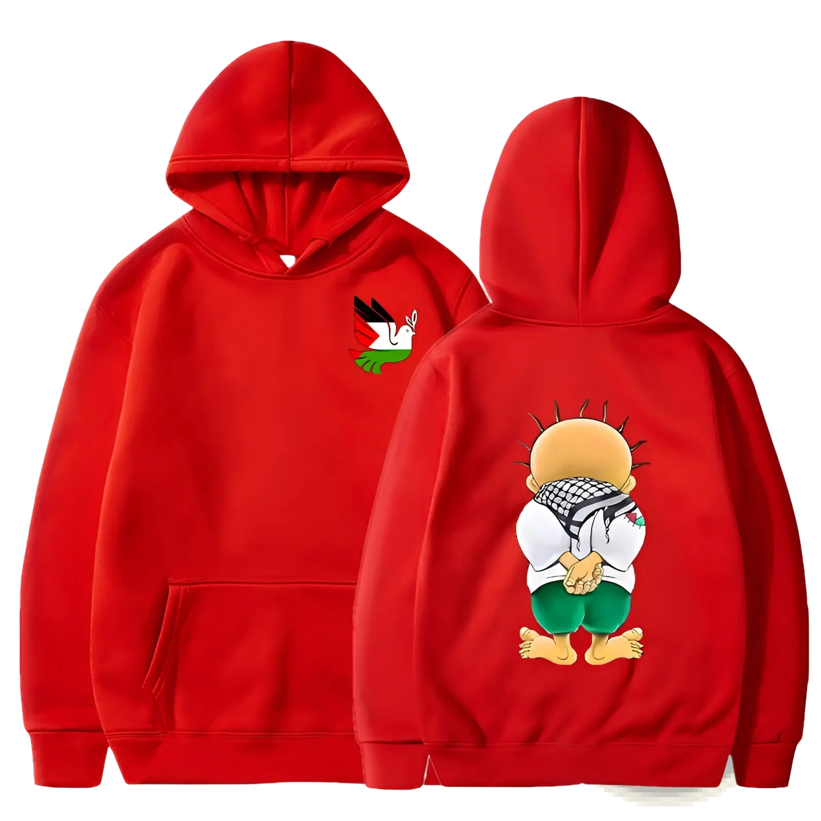 Red hooded sweatshirt with peace dove palestinian keffiyeh graphic featuring cartoon character on back and chest