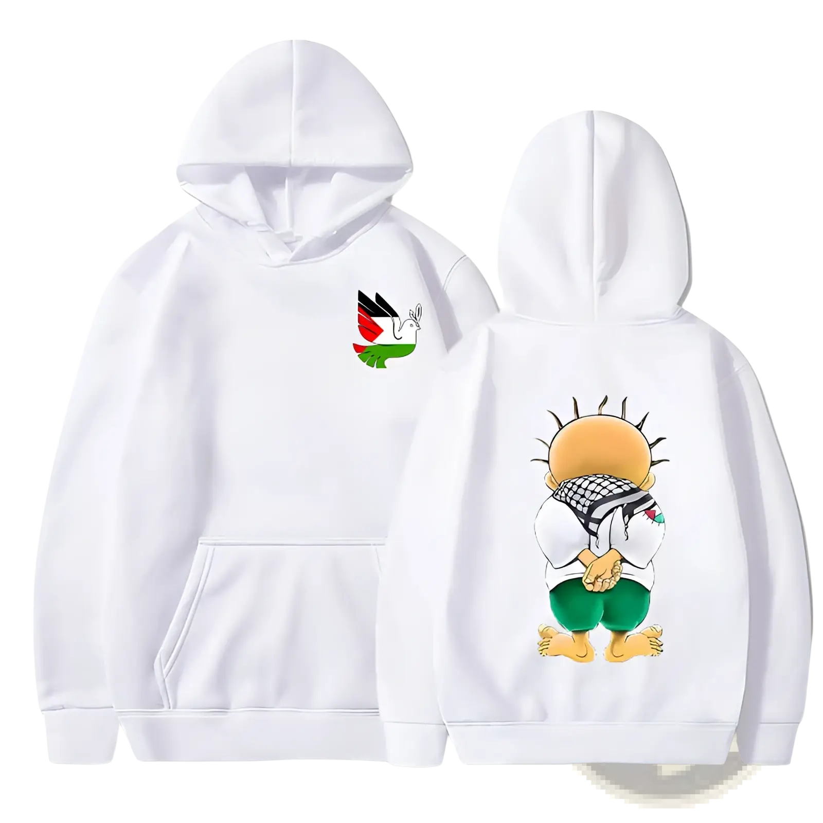 White hooded sweatshirt with palestinian flag on front and keffiyeh cartoon character on back in peace dove design