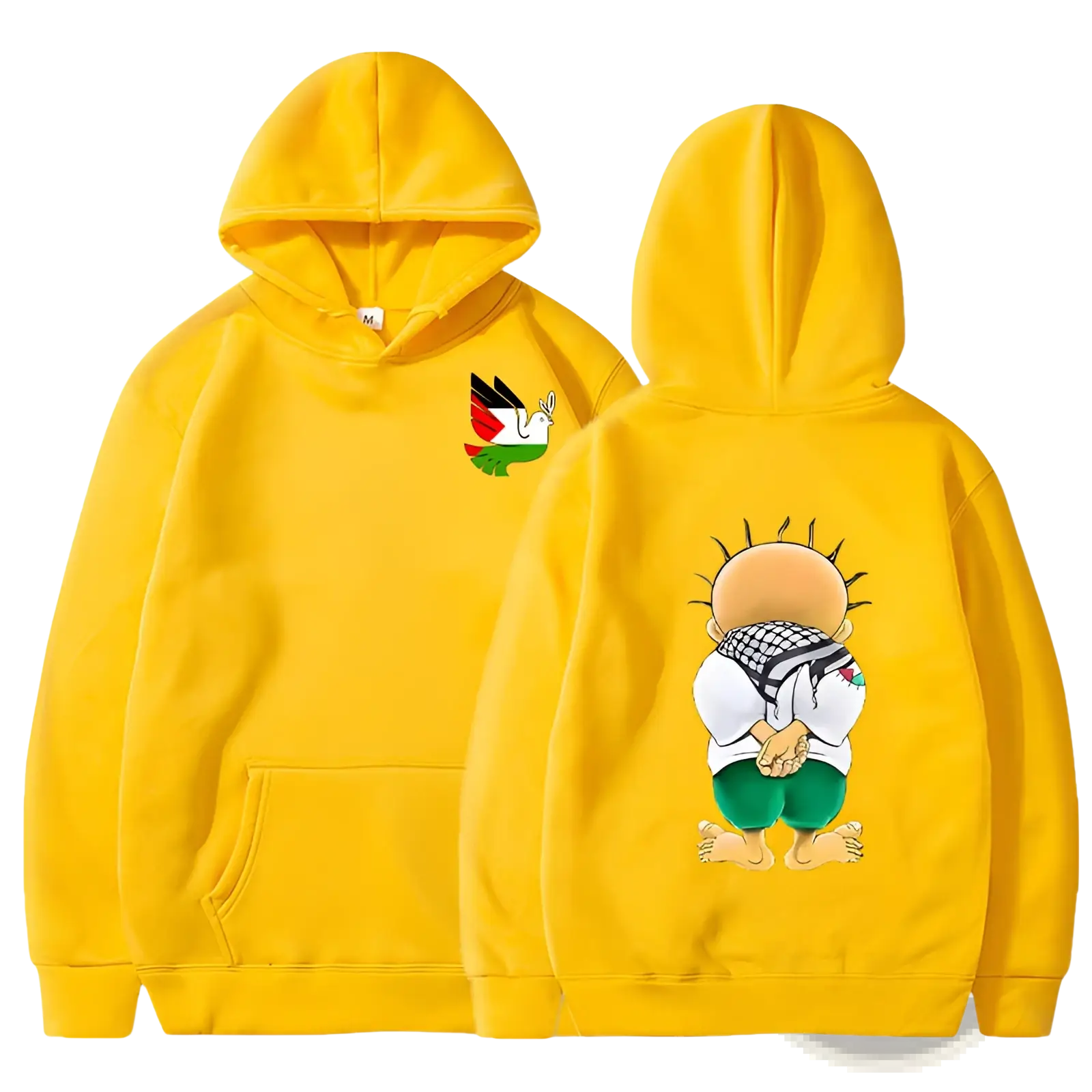 Bright yellow hooded sweatshirt with a palestinian flag dove on front and keffiyeh character on back side