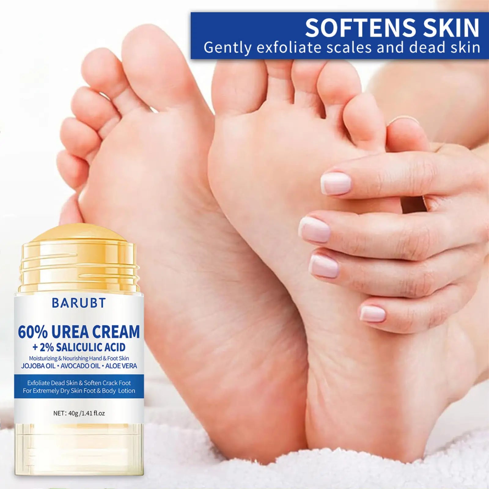 Barubt 60% urea cream with gold cap and white label for softening dry skin in peach moisturizing hand and foot care stick 72g