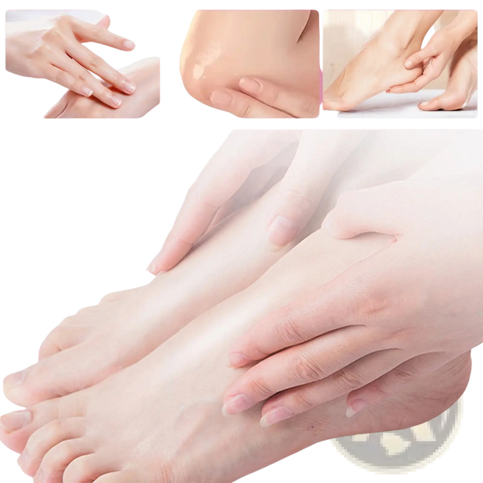 A pair of hands gently massaging a smooth moisturized foot using peach moisturizing hand and foot care cream stick 72g