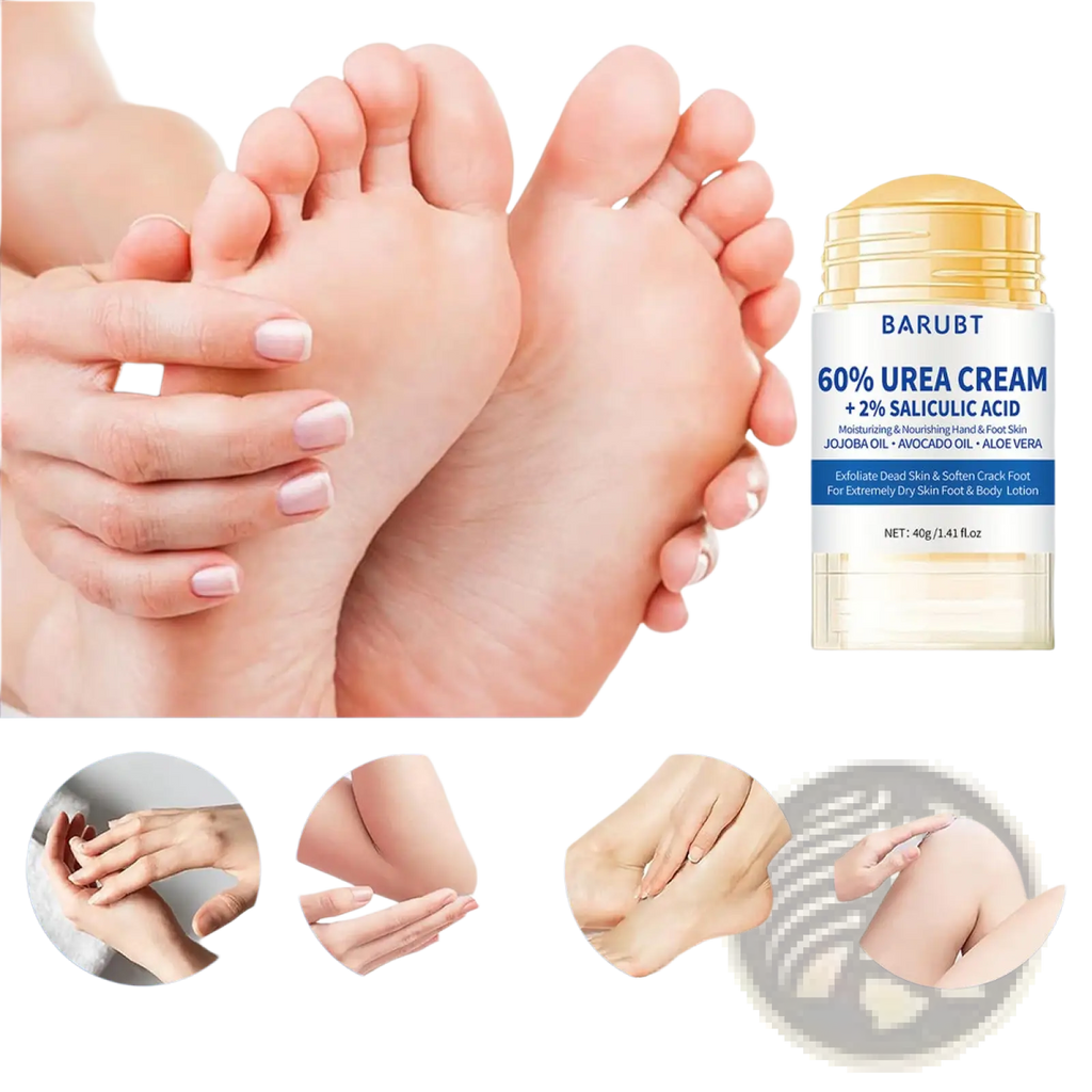Peach moisturizing hand and foot care cream stick 72g in clear tube with gold cap containing 60% urea and 2% salicylic acid for dry skin