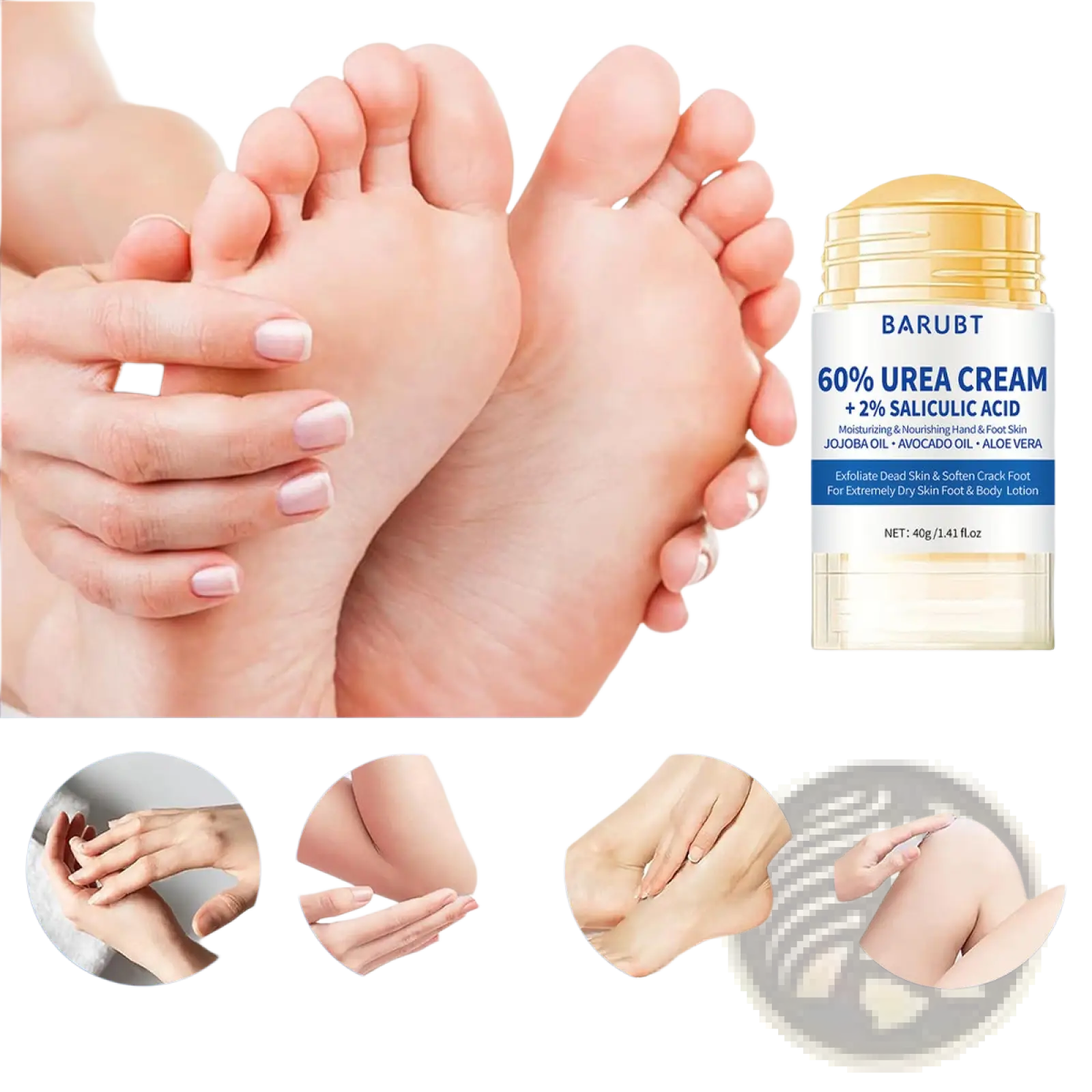 Peach moisturizing hand and foot care cream stick 72g in clear tube with gold cap containing 60% urea and 2% salicylic acid for dry skin