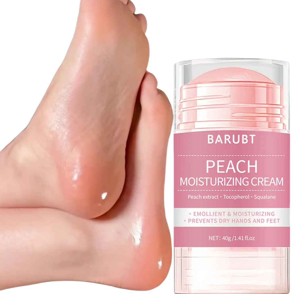 A pink peach moisturizing hand and foot care cream stick in a clear tube with a matching pink barubt label 72g