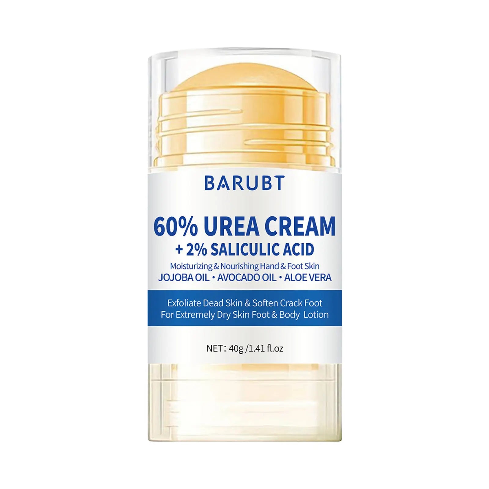 Barubt 60% urea cream stick with golden-yellow textured top and clear casing for peach moisturizing hand and foot care 72g