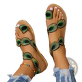 Beige peacock embroidery flat sandals for women with green and black peacock-eye embroidered detailing