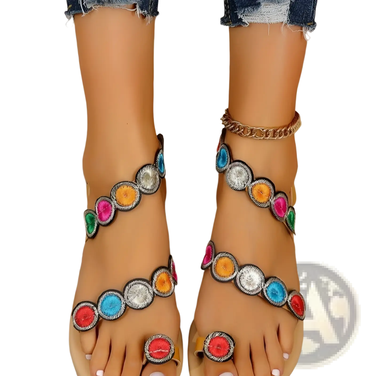 Peacock embroidery flat sandals for women featuring colorful circular embellishments on tan leather straps