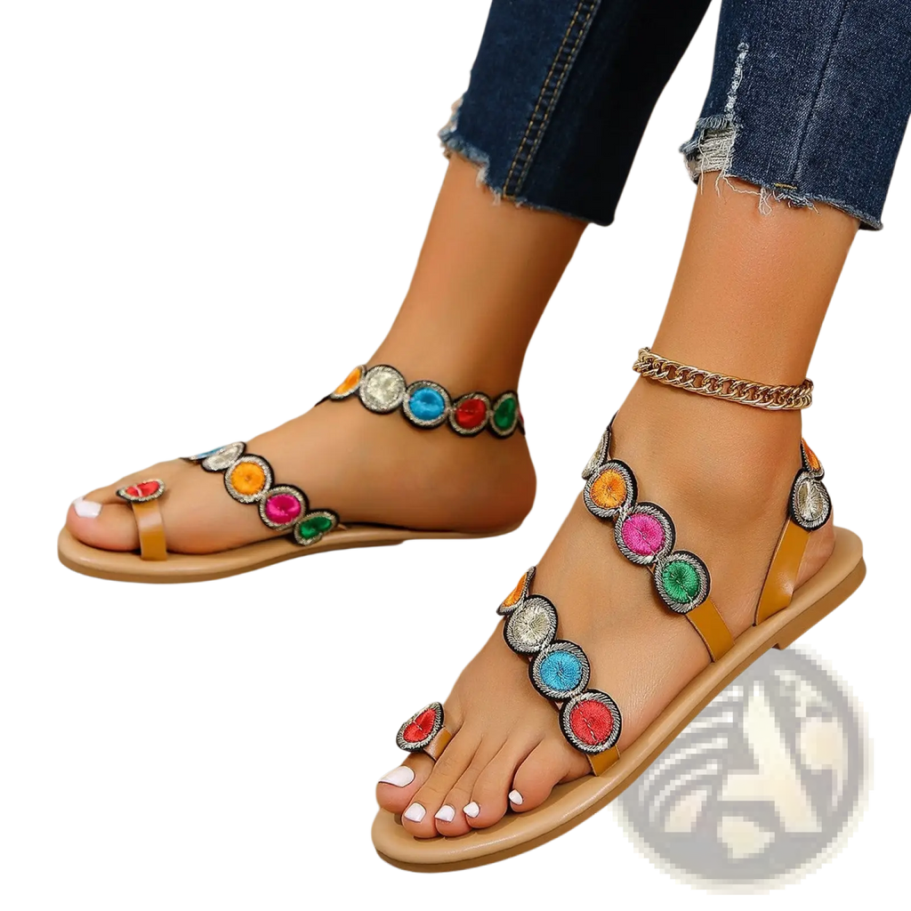 Peacock embroidery flat sandals for women with colorful circular embellishments on tan leather straps