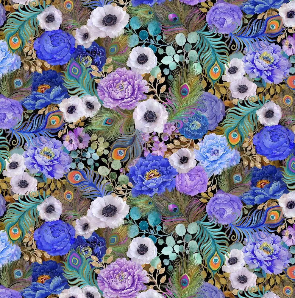 Vintage 1950s sleeveless midi dress in cotton with vibrant blue purple teal and gold floral and peacock feather pattern