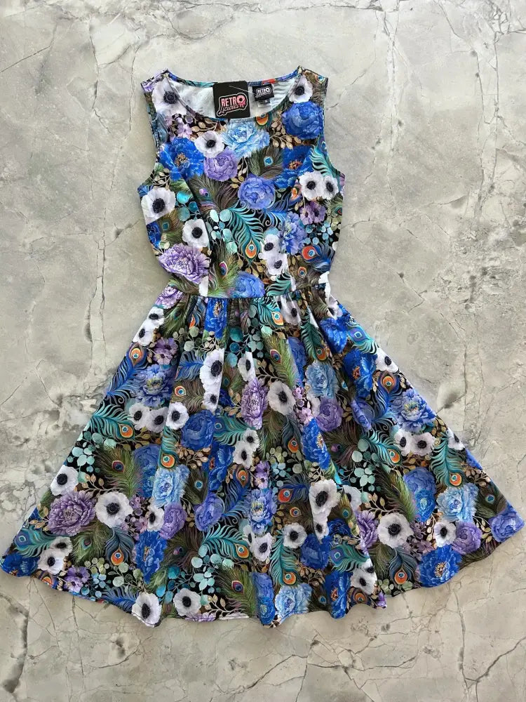 Vintage 1950s peacock floral cotton sleeveless midi dress with bold blue purple white green and teal pattern