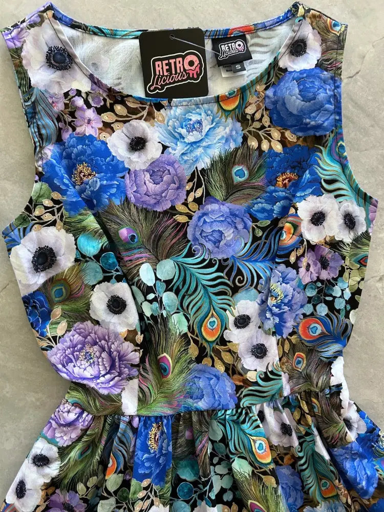 Vintage 1950s peacock floral cotton sleeveless midi dress with vibrant blue purple white and teal print