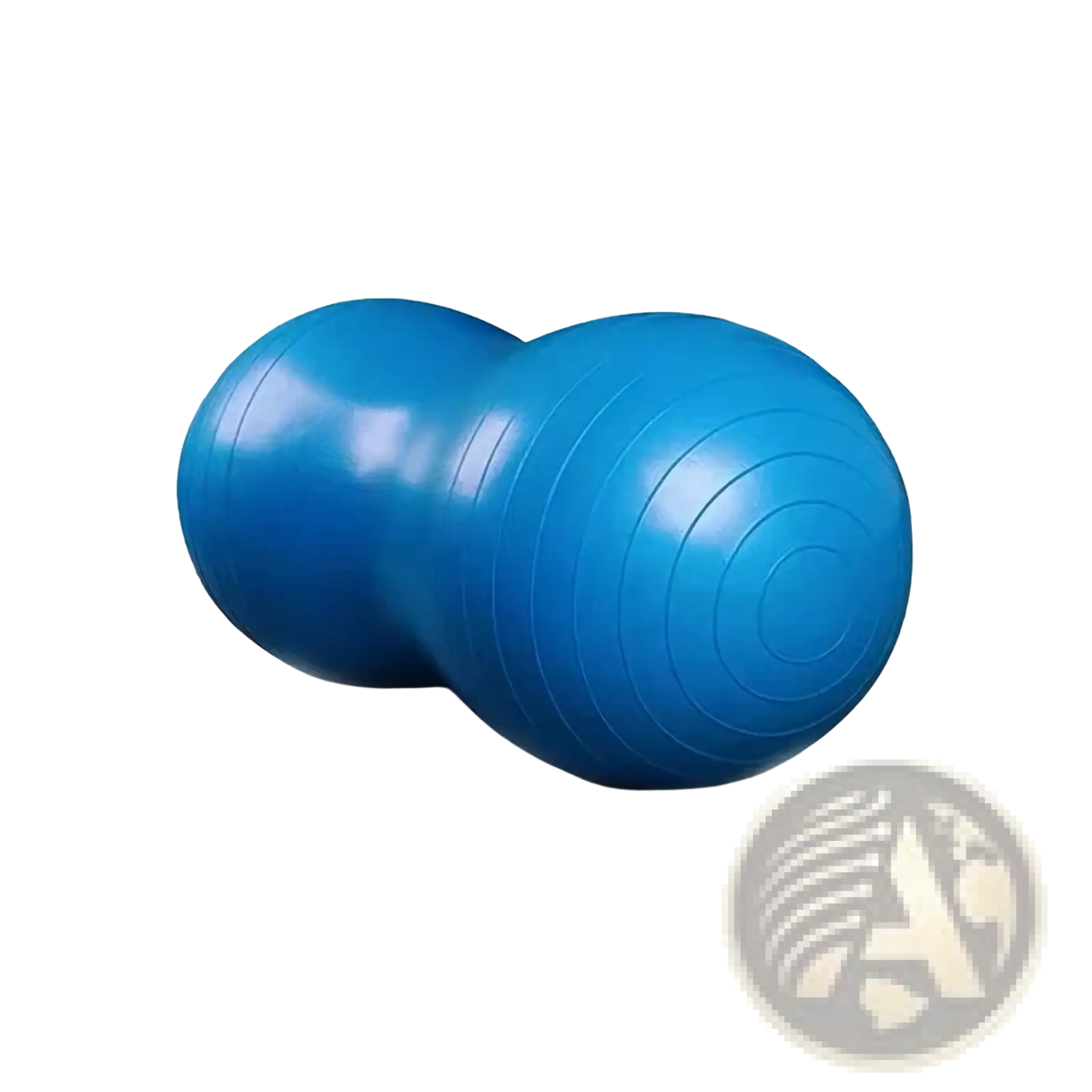 Blue inflatable peanut exercise ball with dual-sphere design and textured surface for pregnancy and labor support