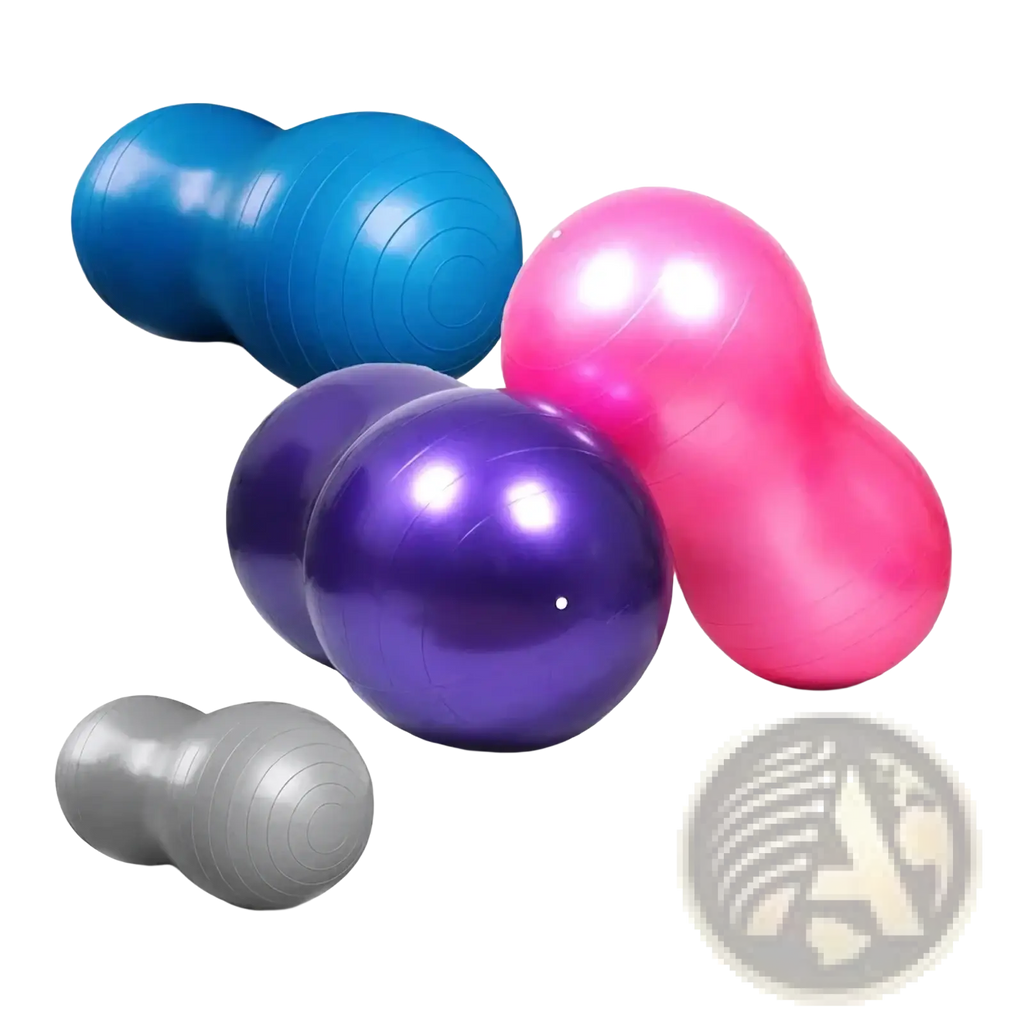 Set of colorful inflatable peanut exercise balls in blue pink purple and gray for pregnancy and labor support