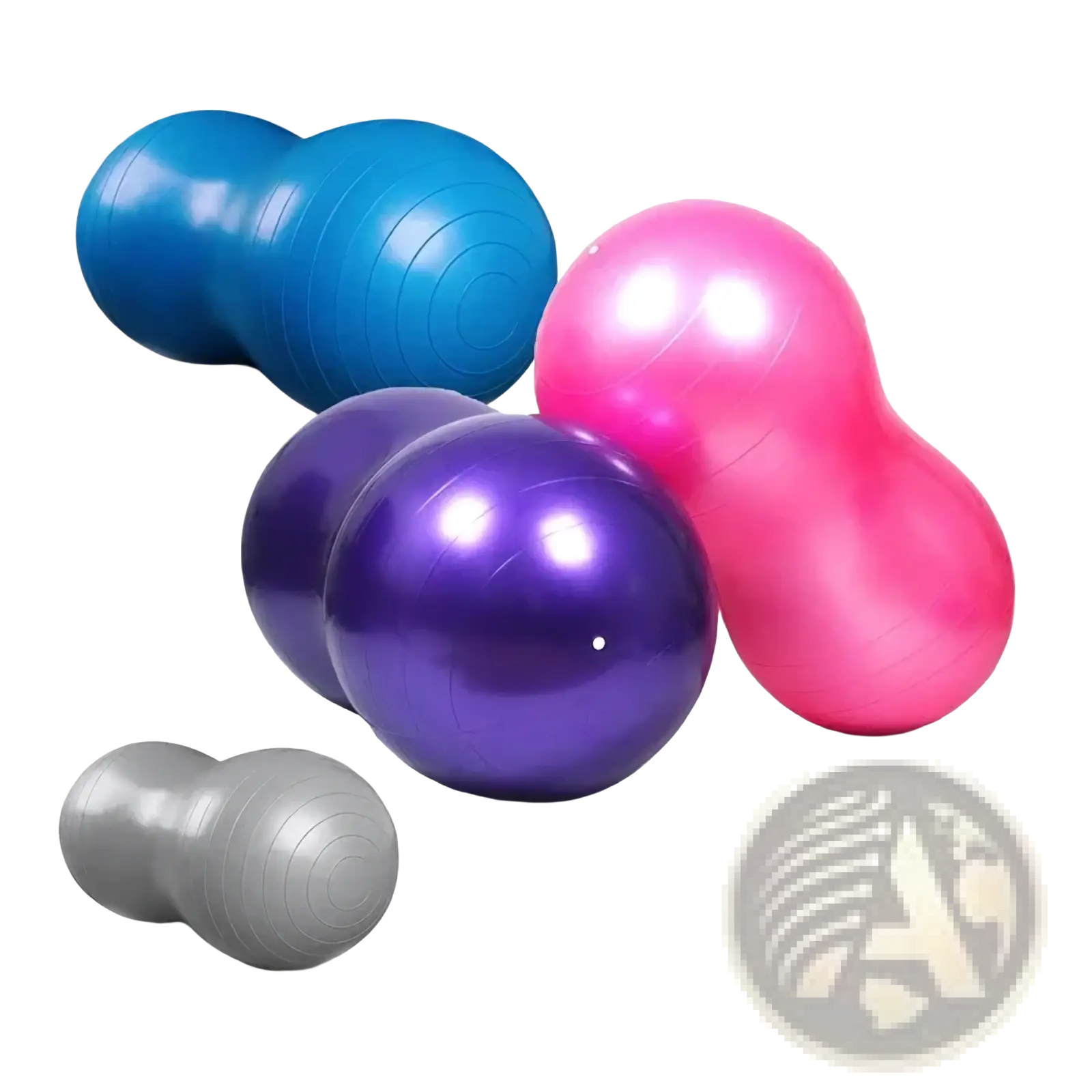 Set of colorful inflatable peanut exercise balls in blue pink purple and gray for pregnancy and labor support