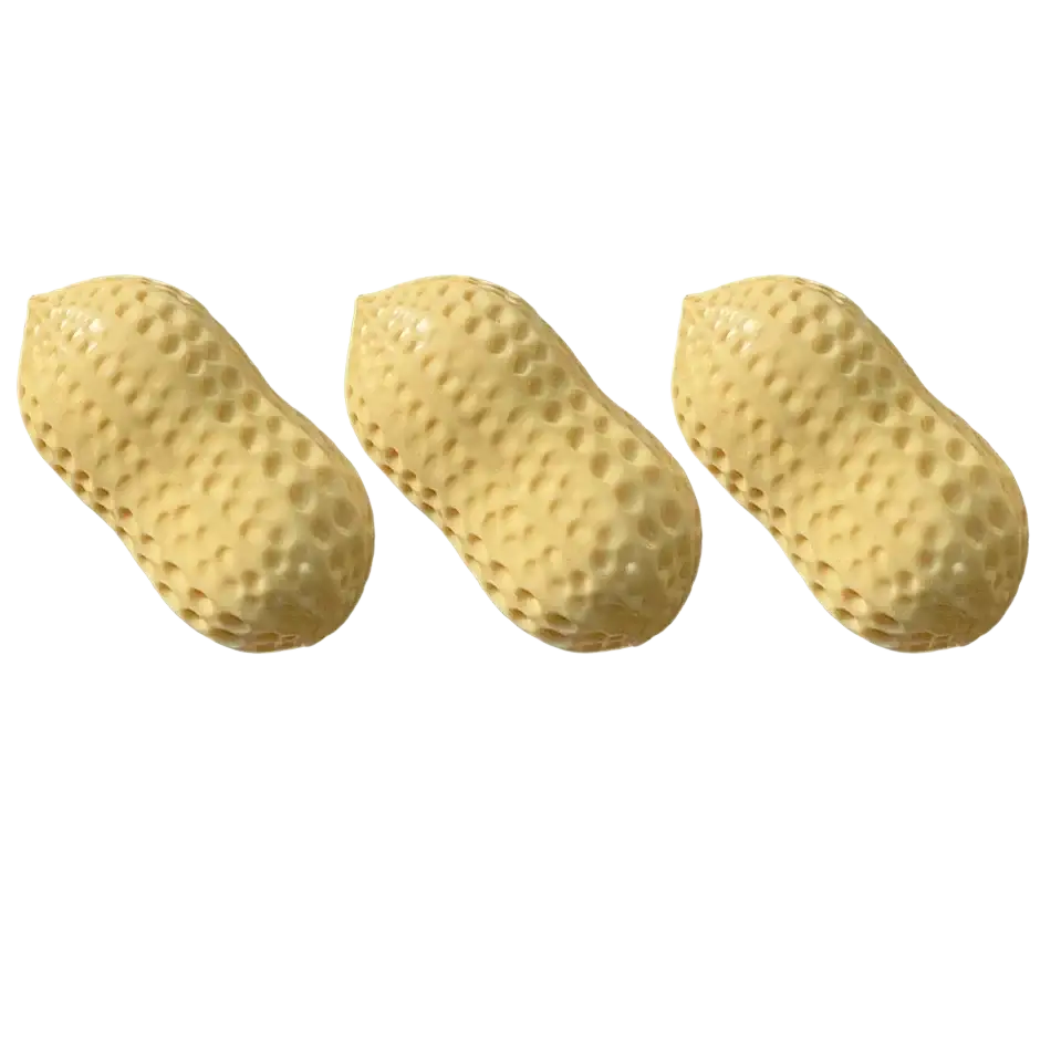 Three beige textured plastic peanuts shown as a peanut squishy filled stress toy for relieving tension