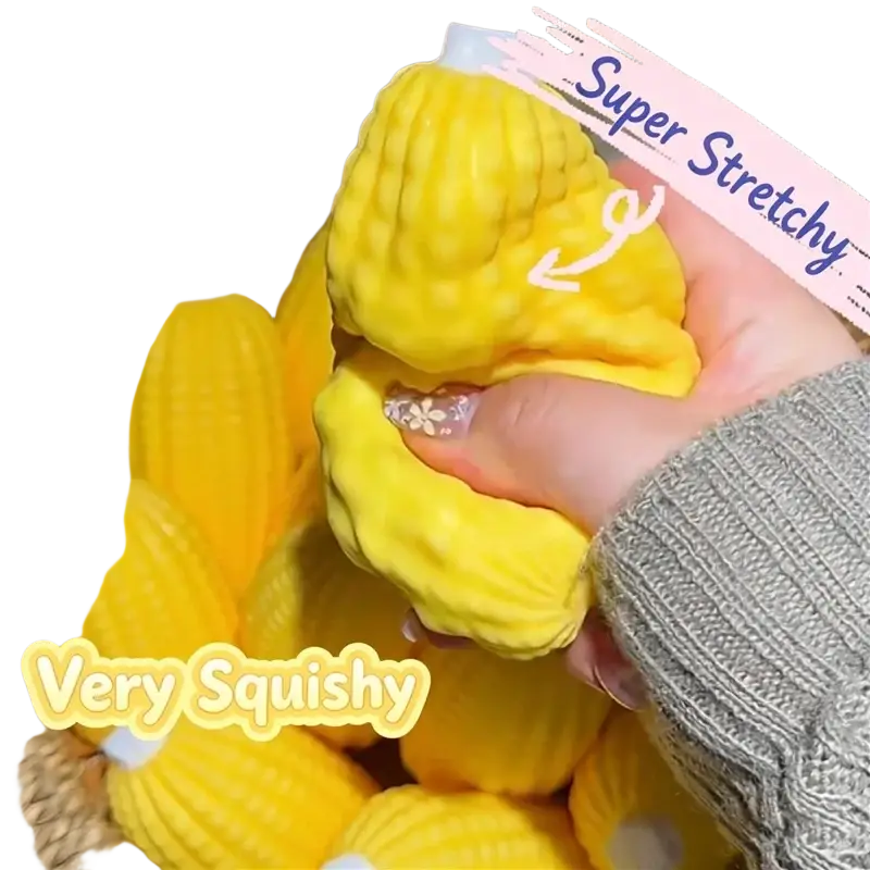Bright yellow super stretchy squishy corn shaped peanut stress ball sensory fidget toy with white cap