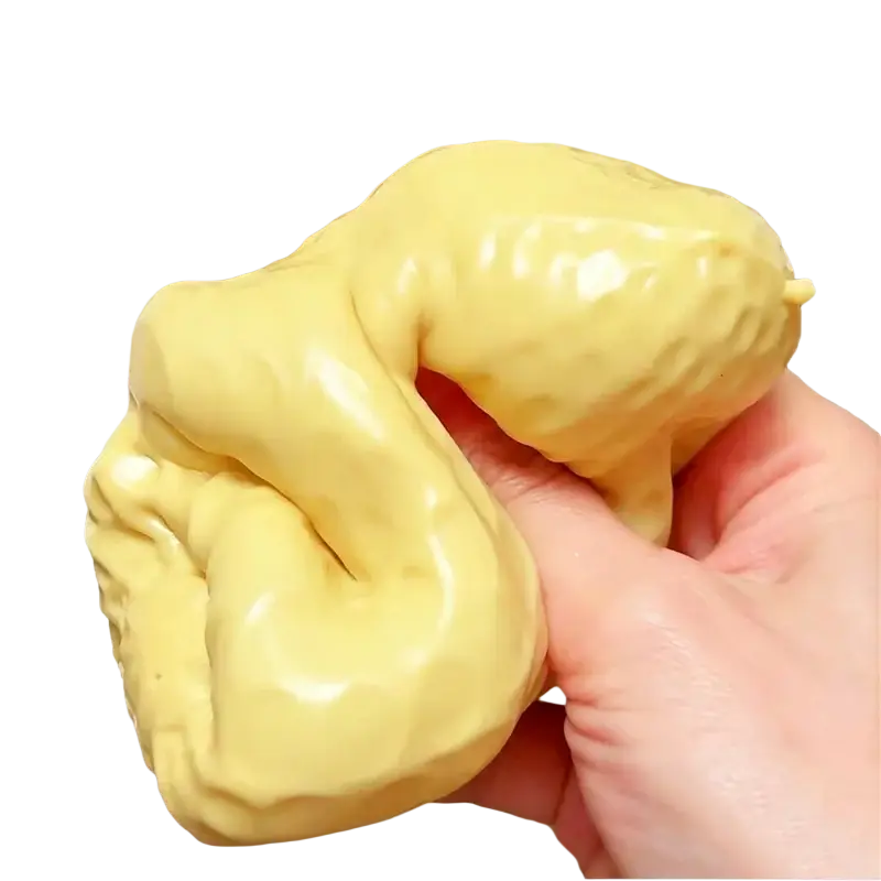 Soft yellow plush peanut stress ball sensory fidget toy designed as a calming and tactile stress reliever