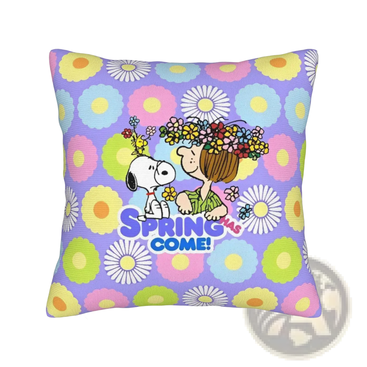 Purple Peanuts Snoopy Valentine pillow cover featuring colorful floral pattern with Snoopy Woodstock and spring has come text
