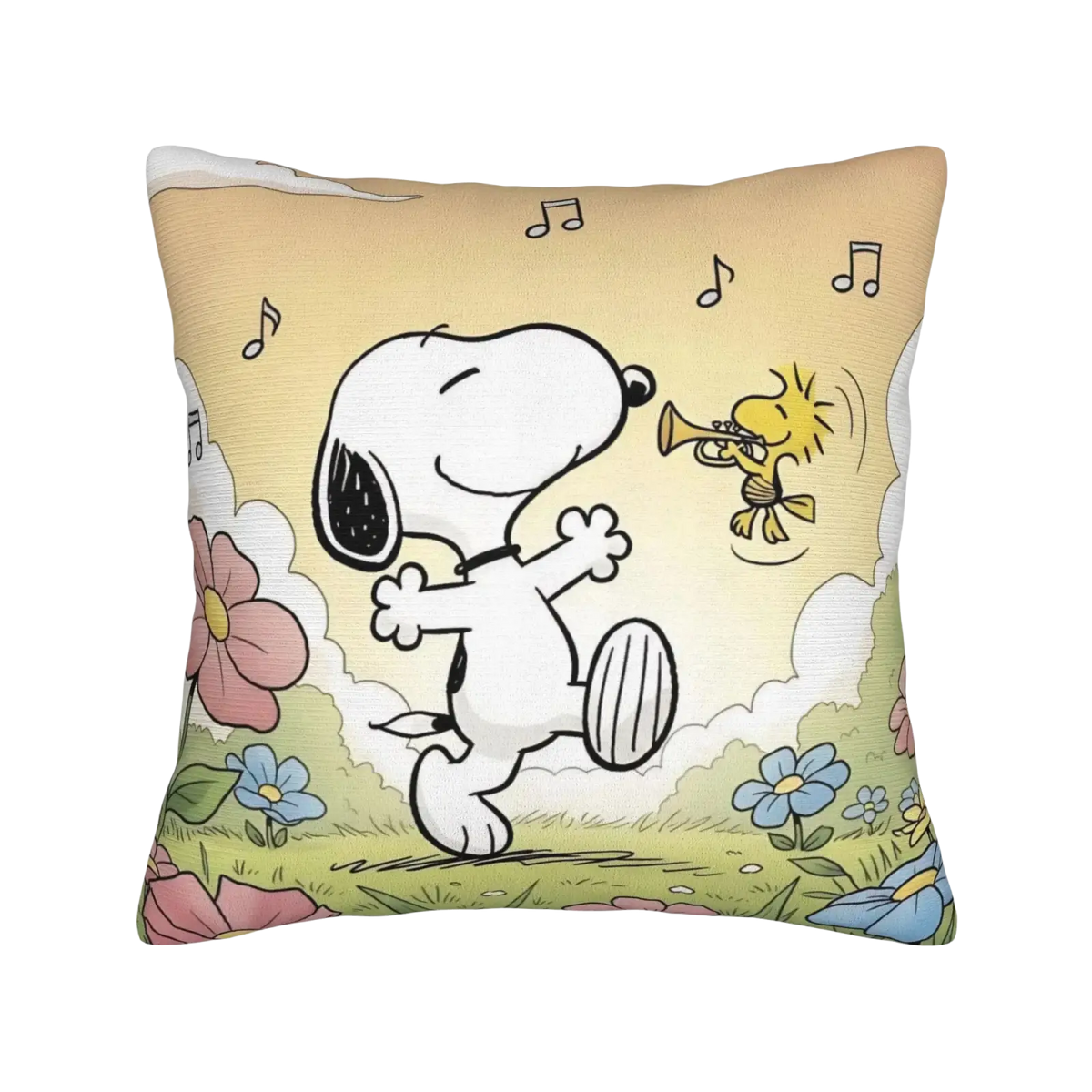 Beige snoppy valentine pillow cover featuring snoopy dancing with woodstock playing trumpet and colorful flowers